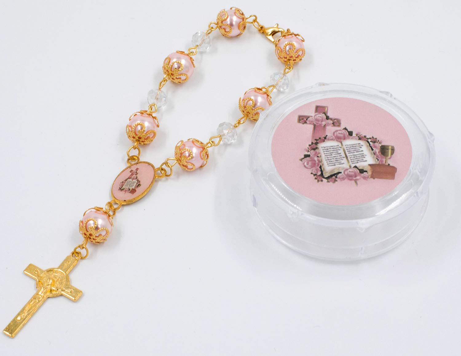 12 Baby Pink Bible Rosary Beads Beaded Pink and Gold Catholic Christian Crucifix Cross Pearl Bracelet - Perfect for Baptism Favors, Communion Gifts, and Religious Ceremonies