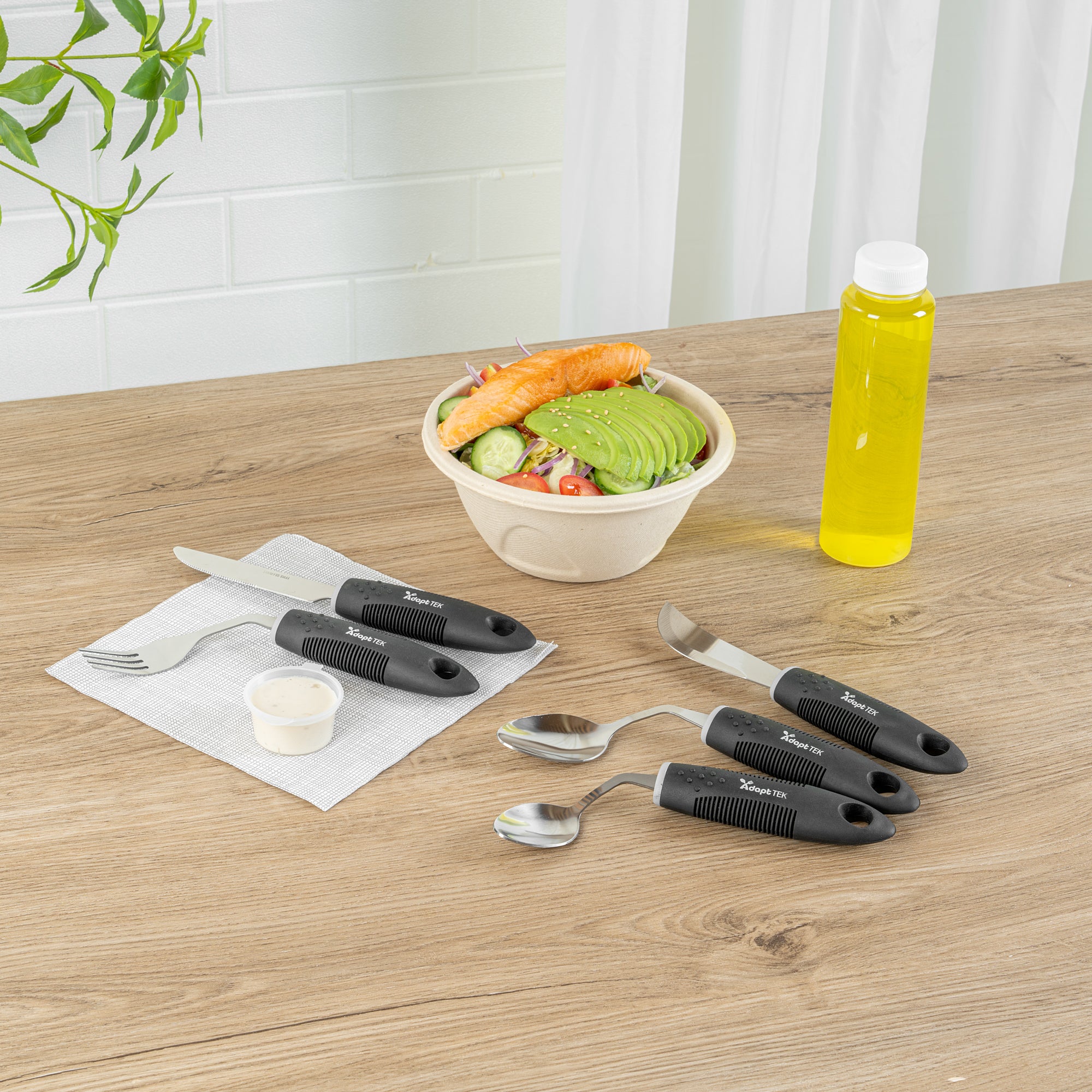 Adapt Tek Black Stainless Steel 5-Piece Adaptive Offset Utensil Set for Right-Handed Users - Lightweight, Non-Slip Grip (1 Count) - Ideal for Arthritis & Limited Mobility in Kitchen