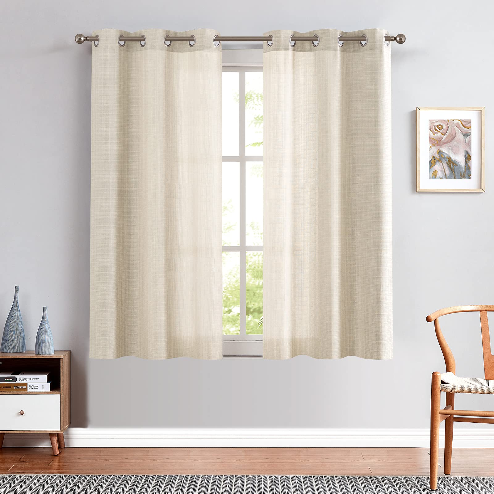 Jinchan Linen Textured Casual Weave Curtains - Light Filtering Grommet Drapes for Living Room & Bedroom (2 Panels, Heathered Beige, 63 Inch Length) - Perfect for Creating Cozy Home Atmosphere & Sun Protection