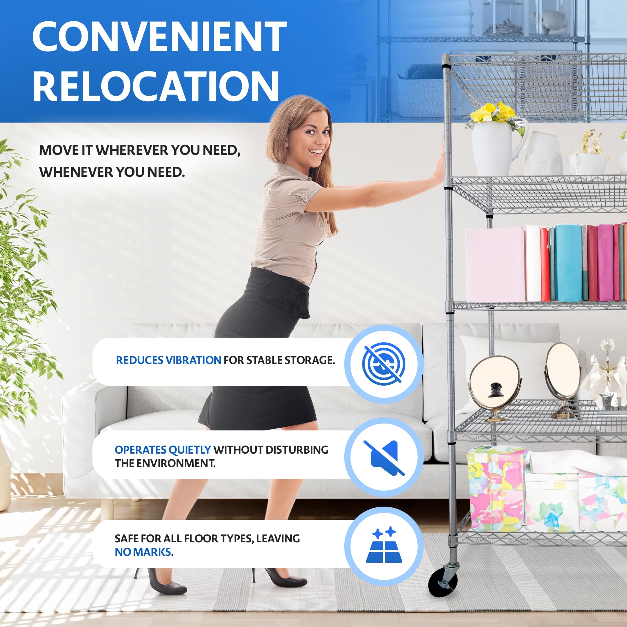 Heavy Duty 5-Tier Metal Shelving Rack with Wheels - 48