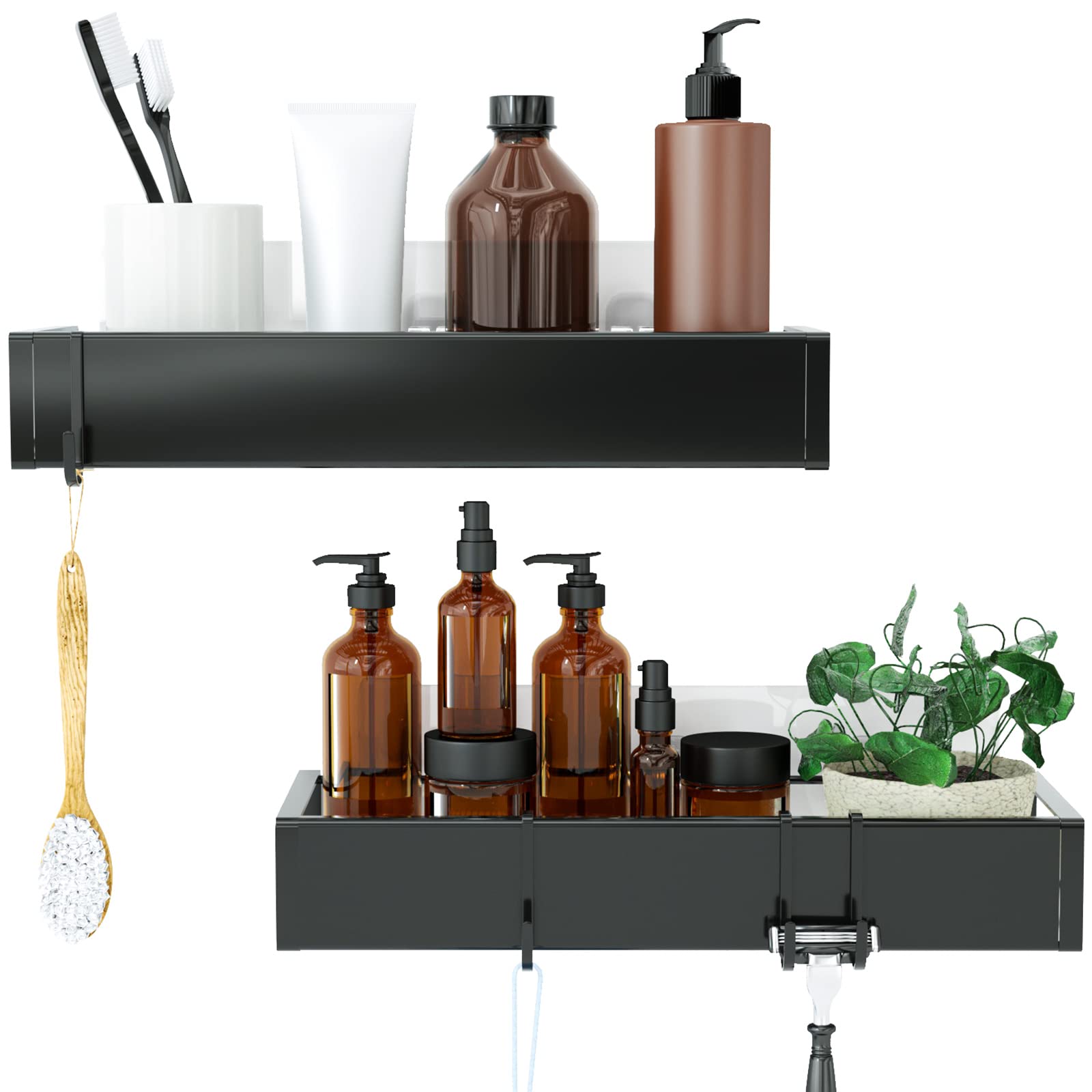 Roseyat Stainless Steel Shower Caddy Shelf Basket - Wall Mounted No Drill Adhesive Organizer for Shampoo & Bathroom Essentials (2 Pack, Black) | Perfect for Shower Storage & Kitchen Spice Rack Organization
