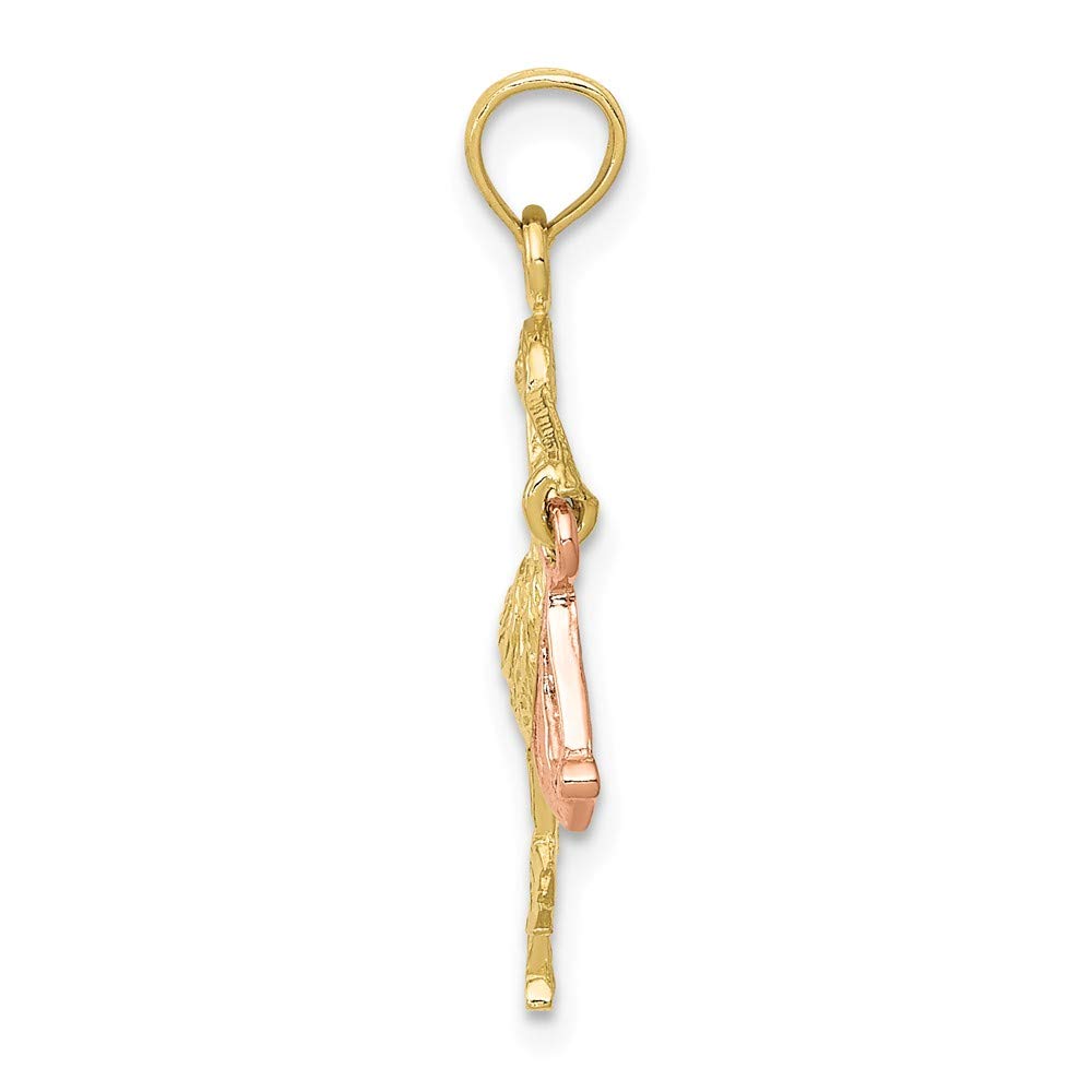 10K Yellow and Rose Gold Two-Tone Stork with Pink Baby Dangle Pendant (1.06