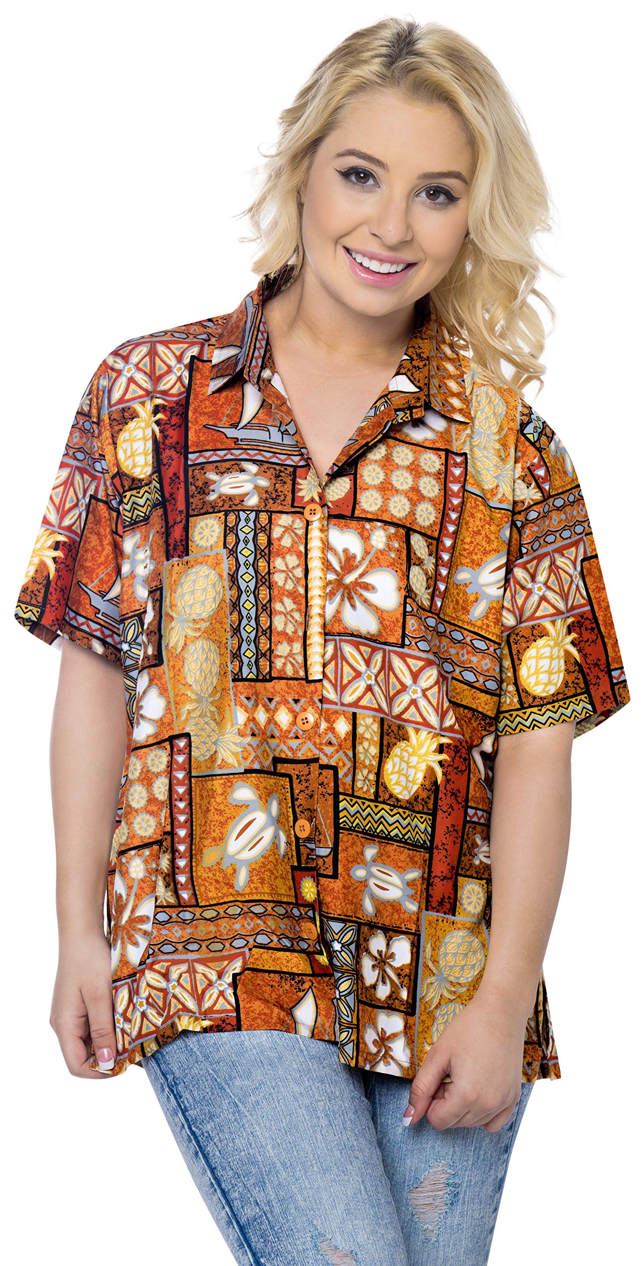 LA LEELA Women's Hawaiian Short Sleeve Blouse - Floral Beach Shirt for Summer Vacation, Luau Party & Tropical Getaway