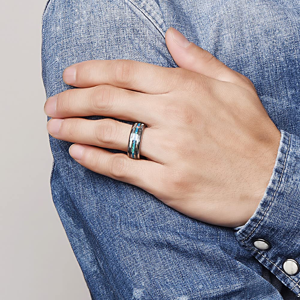 Men's Tungsten Wedding Band Ring - 8mm Comfort Fit with Genuine Blue/Green Opal & Abalone Shell - Size 7-12 - Perfect for Engagement, Anniversary & Everyday Wear
