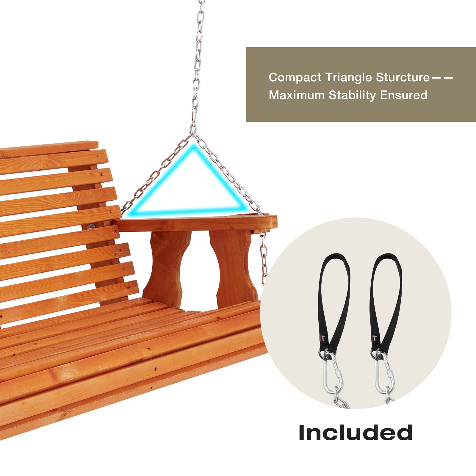 U-MAX 5.5FT Wooden Porch Swing with Cup Holders & Chains - 880Lbs Weight Capacity Outdoor Patio Swing Chair Bench for Garden, Backyard, Courtyard - Perfect for Relaxing, Reading & Enjoying Outdoor Time