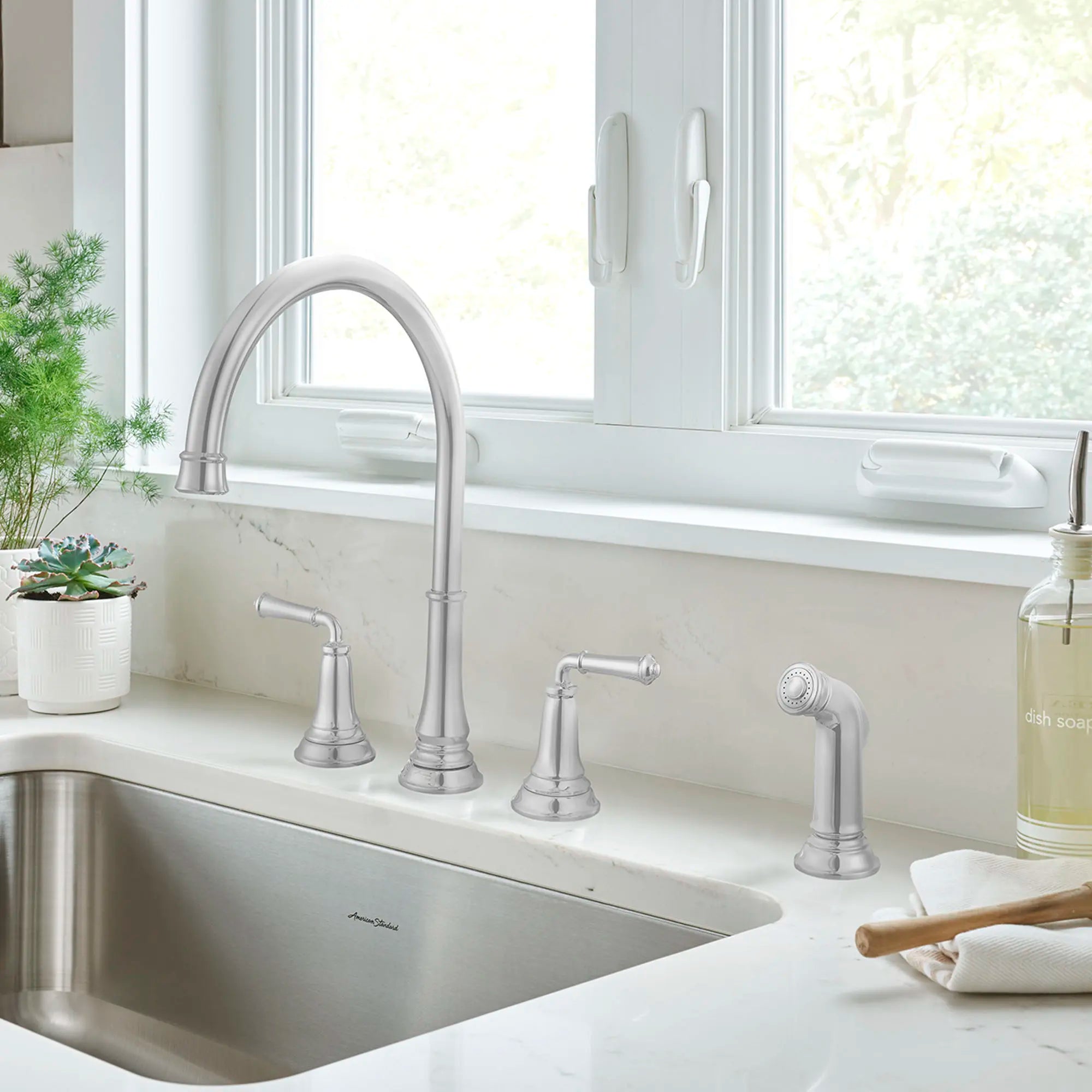 Delancey® 2-Handle Widespread Kitchen Faucet with Side Spray - 1.5 GPM/5.7 LPM - Brushed Nickel Finish - Perfect for Modern Kitchens & Easy Dishwashing