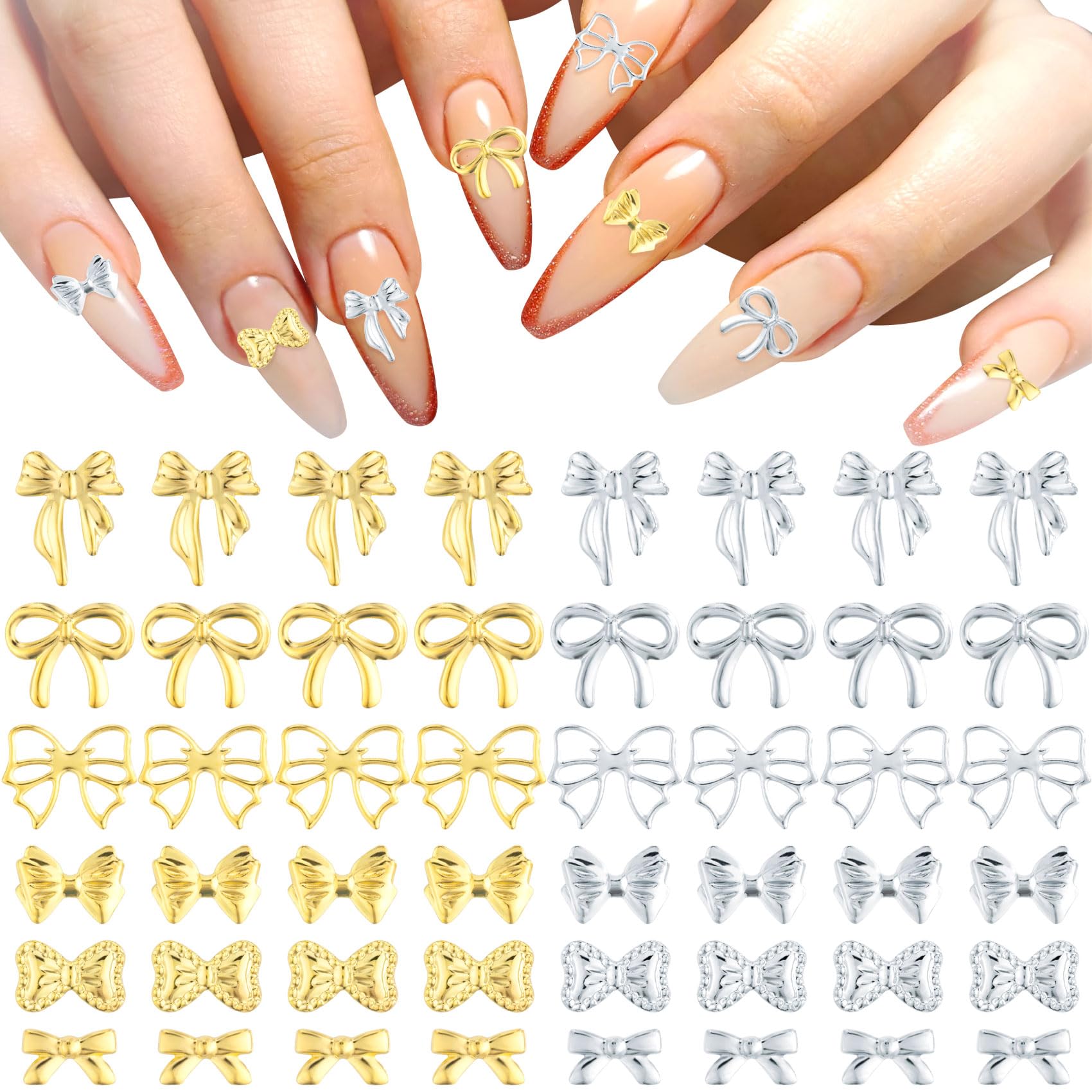 120+ Gold & Silver Bow Nail Charms - 6 Styles 3D Rhinestone Nail Art Decorations with Glitter Acrylic Pearls for Valentines, Wedding, Prom Nails - Perfect for DIY Jewelry, Scrapbooking, Envelope & Card Making Crafts