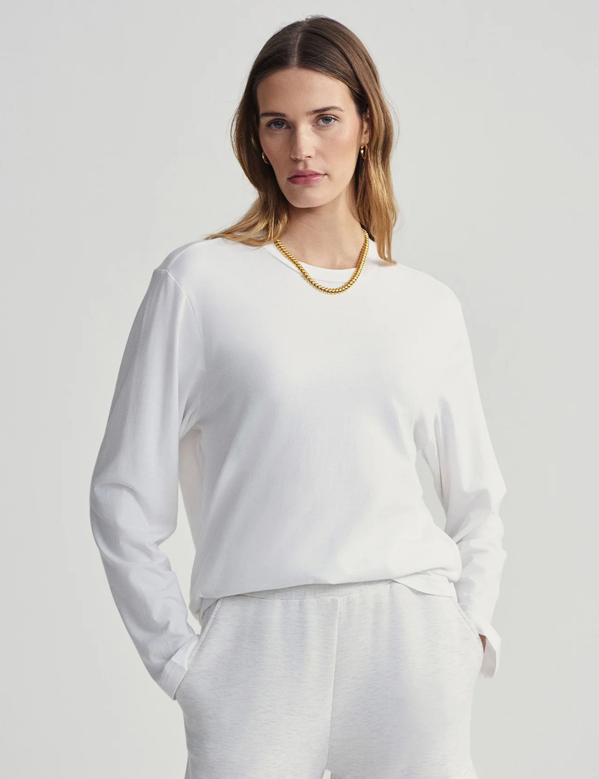 Leah Long Sleeve Boyfriend T-Shirt for Women - Soft Cotton Oversized Casual Top in White - Perfect for Layering, Weekend Outfits & Cozy Loungewear