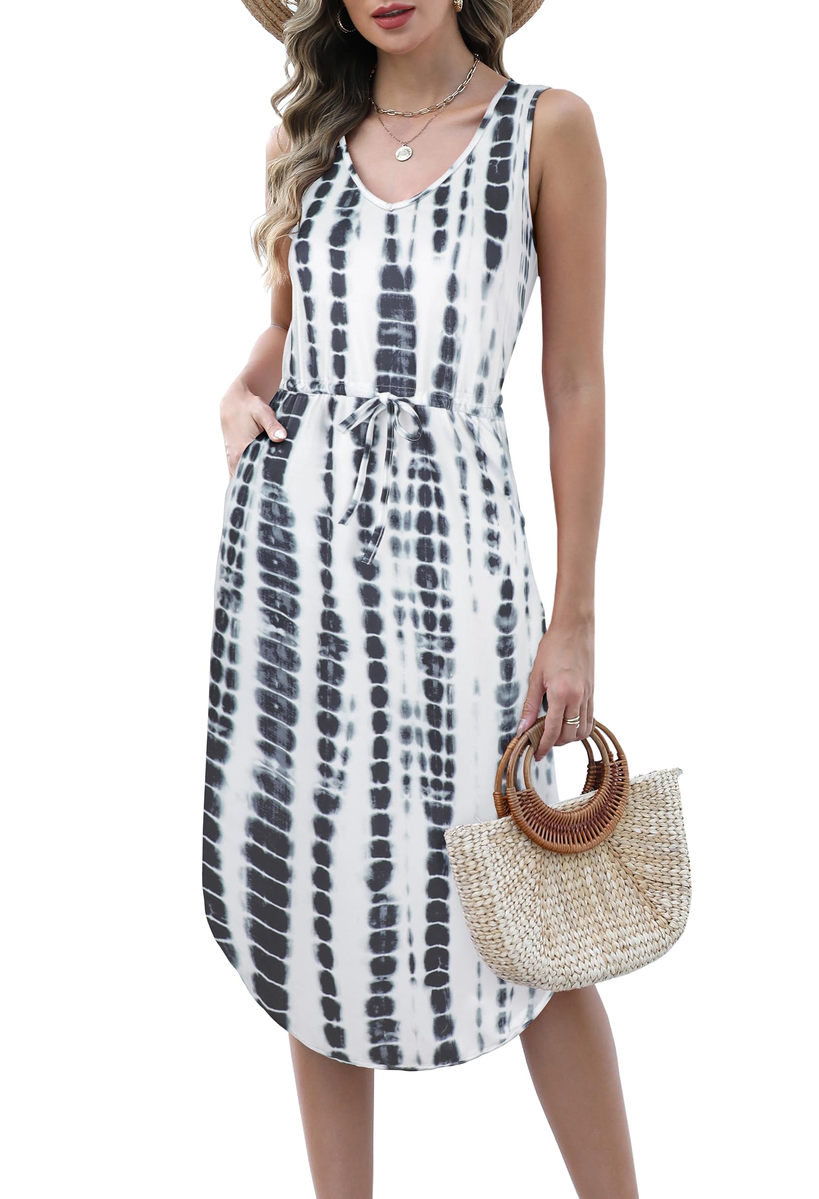 Women's V-Neck Sleeveless Casual T-Shirt Dress - Summer Midi Dress with Pockets | Perfect for Beach, Vacation & Everyday Wear