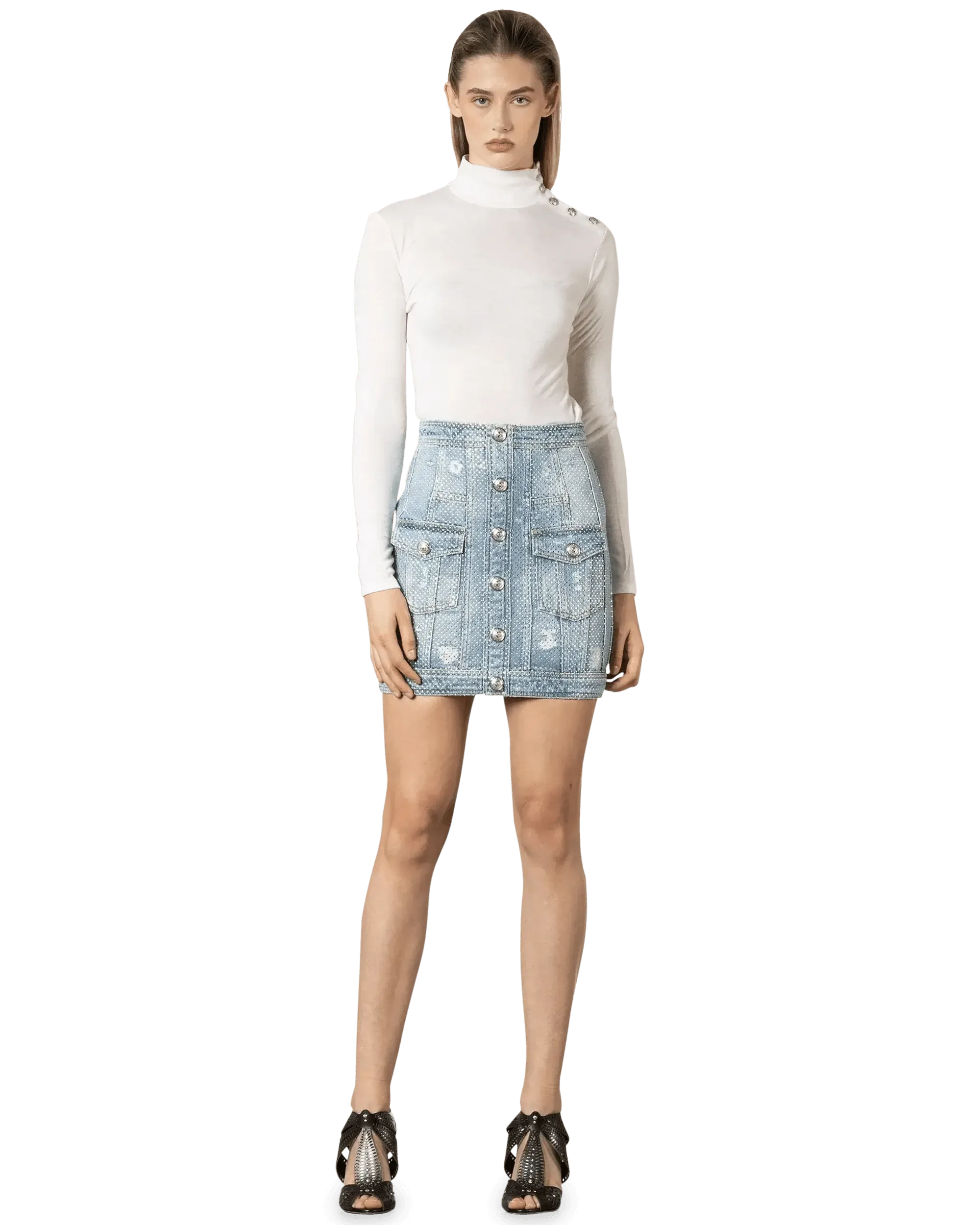 Embellished Denim Skirt for Women - Stylish Distressed High Waist A-Line Mini Skirt with Rhinestones | Perfect for Casual Outfits, Parties & Date Nights