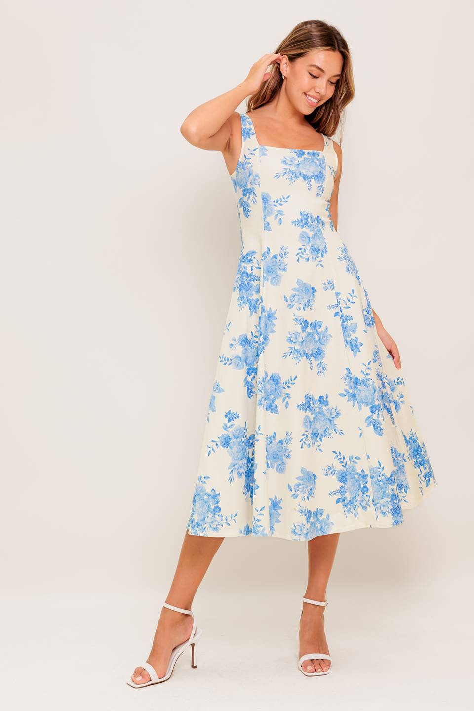 Bluebell Breeze Blue Floral Midi Dress - Women's Summer Casual Dress for Beach, Wedding & Party