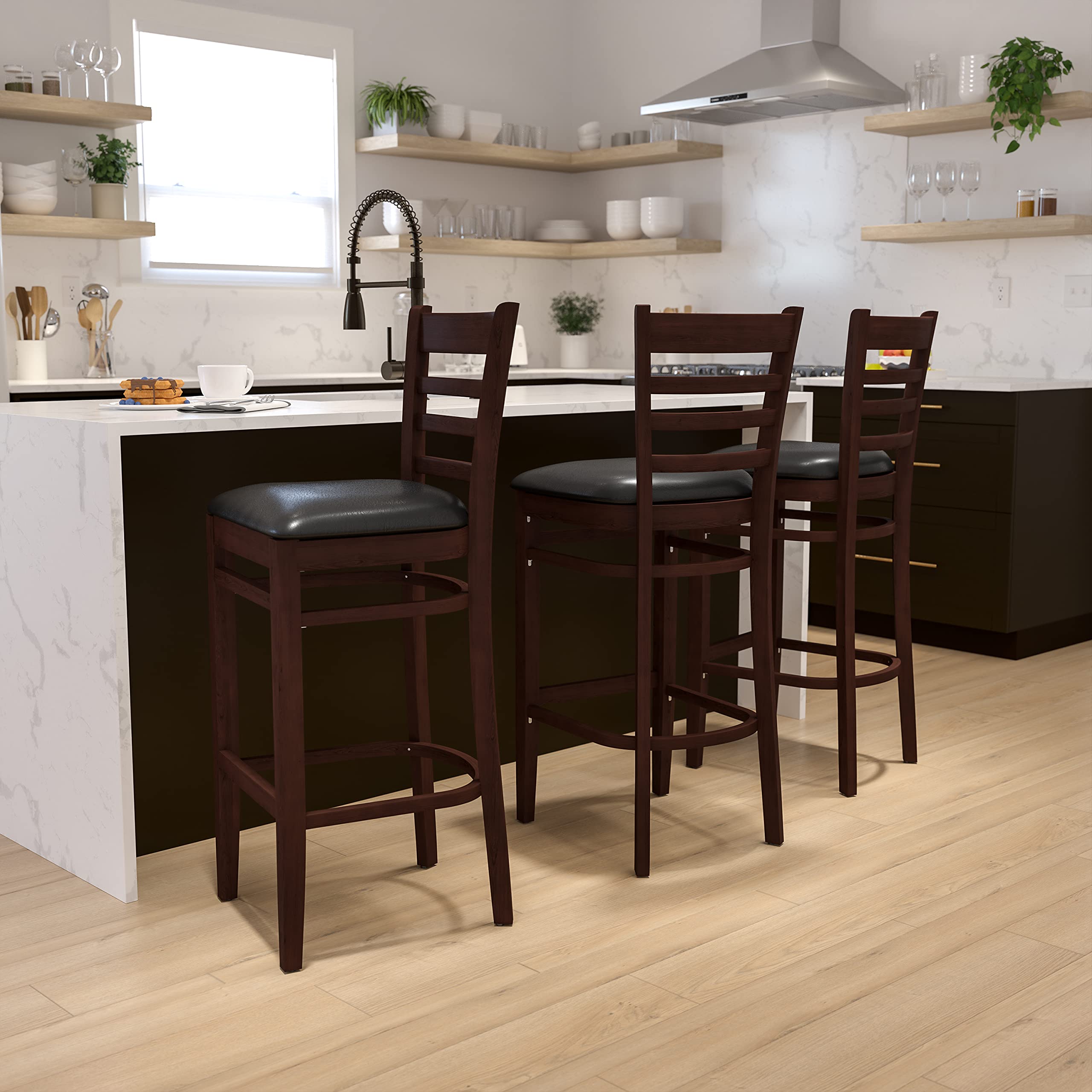 Black Vinyl Seat Ladder Back Walnut Wood Barstool - Rustic Kitchen Island Stool, Counter Height Dining Chair for Home Bar, Breakfast Nook & Farmhouse Decor