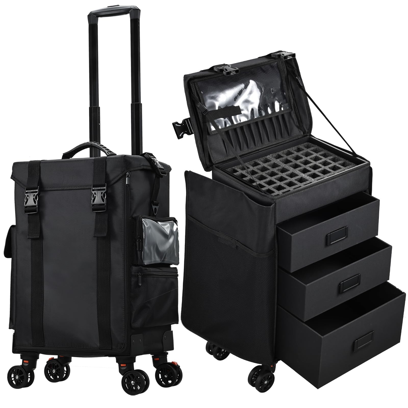 **Stagiant 4-in-1 Rolling Makeup Case – Professional Soft-Sided Cosmetic Organizer with Wheels for Freelance Makeup Artists, Nail Technicians & Hair Stylists – Classic Black | Portable Beauty Storage for Travel & Salon Use**