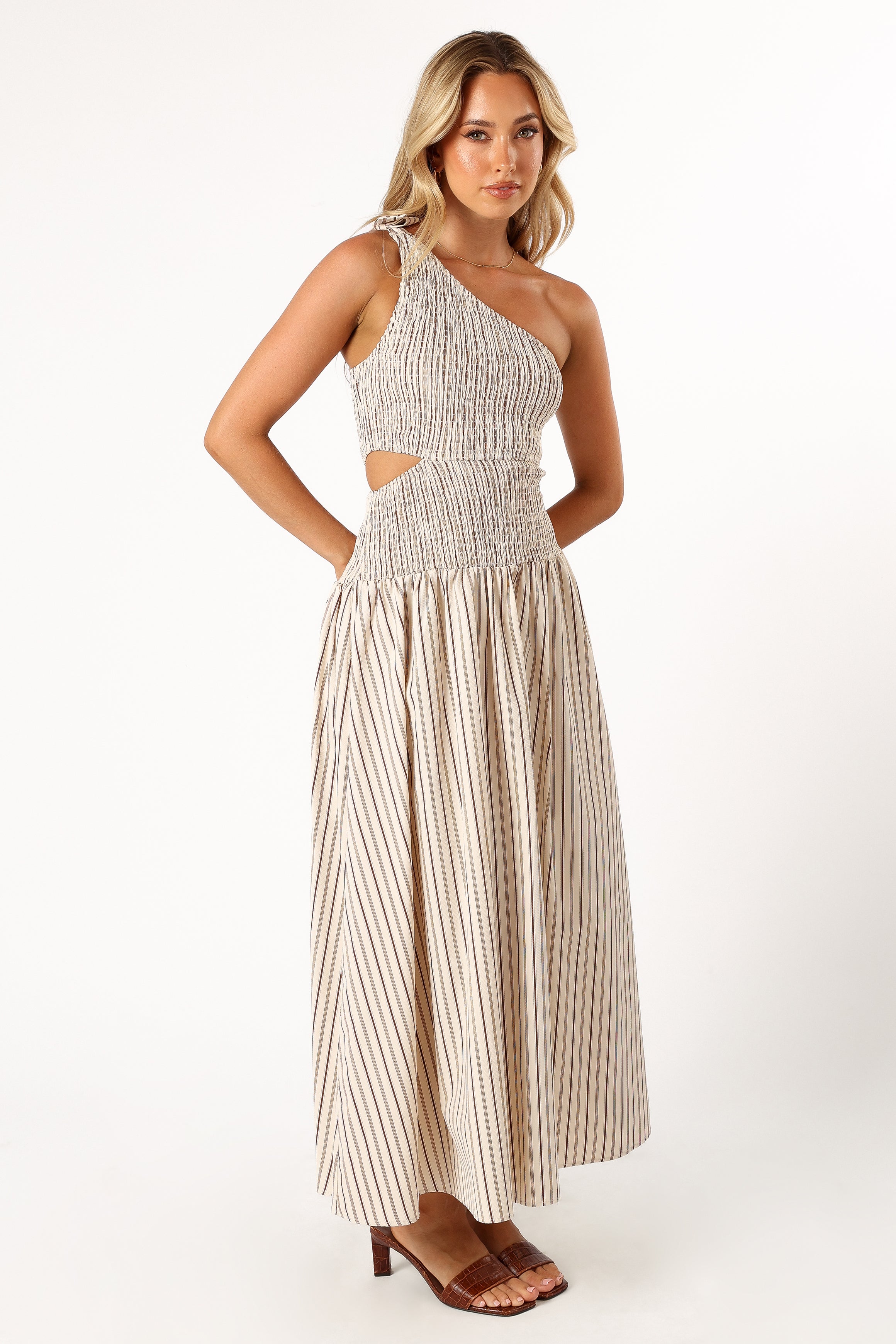 Jordana One Shoulder Midi Dress - Brown Striped Summer Dress for Women | Beach Wedding, Cocktail Party & Vacation Outfit