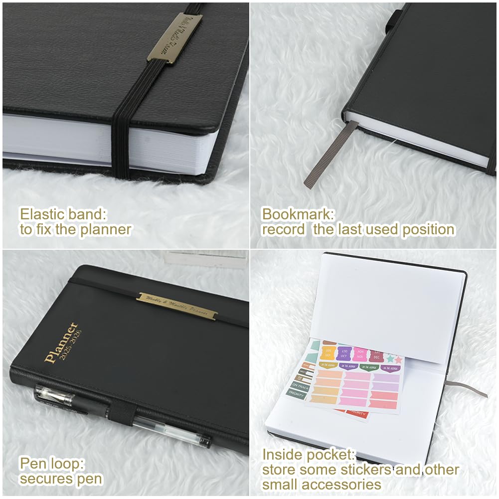 AUAUY 2025-2026 Planner - 18 Month A5 Leather Hardcover Weekly & Monthly Organizer with To-Do Lists | Jan 2025 to Jun 2026 Academic Planner | Perfect for Office, School, Business Planning & Personal Productivity | Black