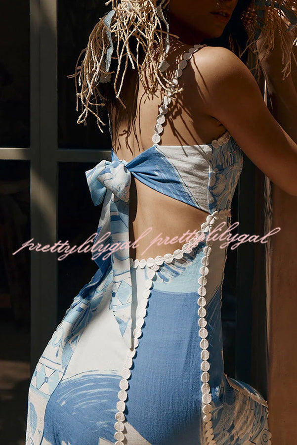 Terrazza Ric Rac Trims Unique Print Back Tie-Up Slip Flared Maxi Dress for Women | Summer Beach Wedding Party Outfit
