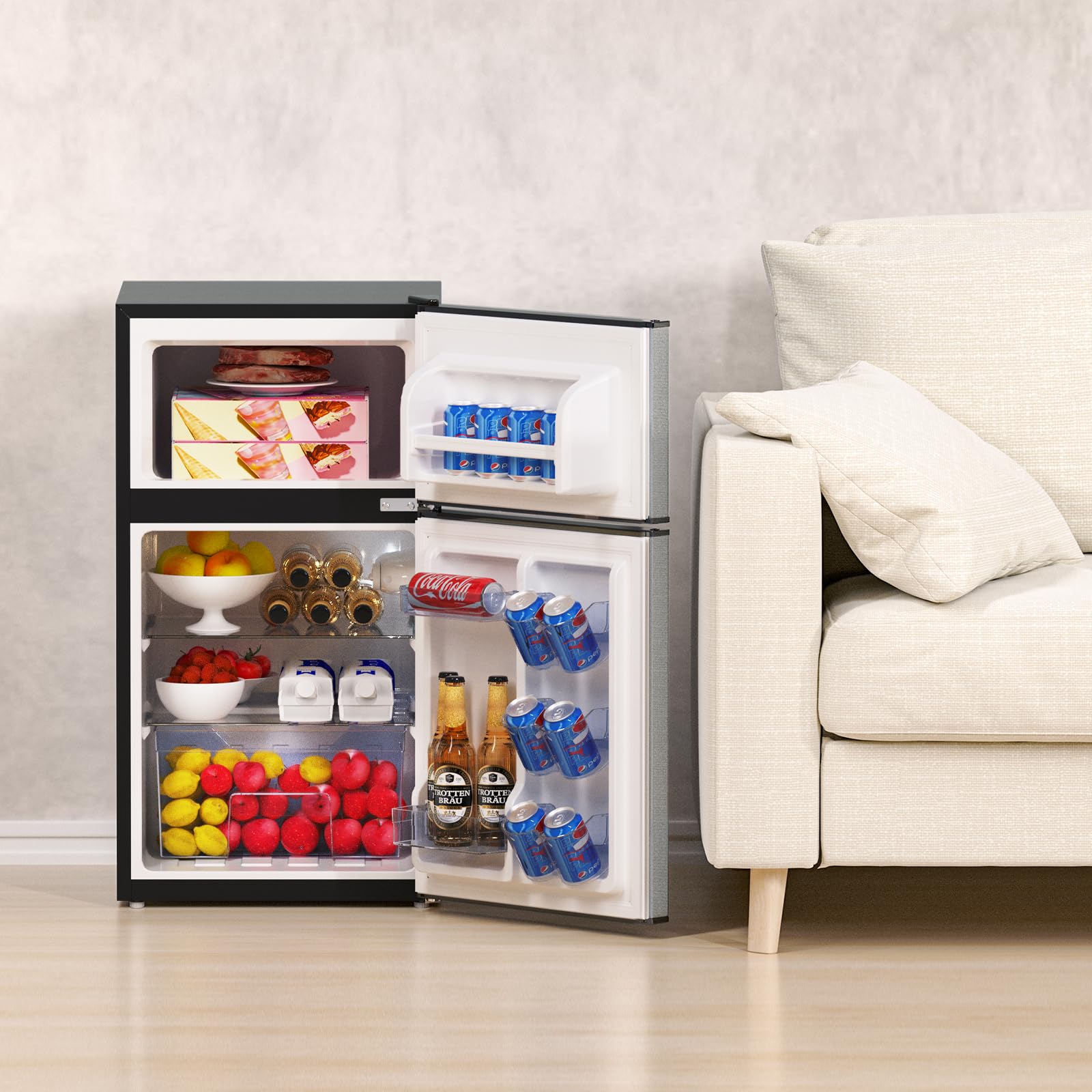 3.2 Cu.Ft. Mini Fridge with Freezer - 2 Door Compact Refrigerator for Bedroom, Dorm, Office | Quiet 37dB Operation, Stainless Steel Design | Perfect for Drinks, Snacks & Small Spaces