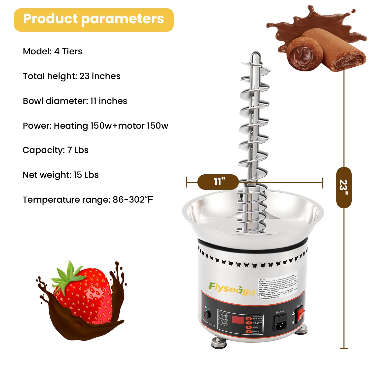4-Tier Commercial Chocolate Fountain Machine - 7Lbs Stainless Steel Chocolate Melter with Digital Control for Fondue, Cheese, BBQ & Ranch Sauce | Perfect for Weddings, Catering & Dessert Buffets