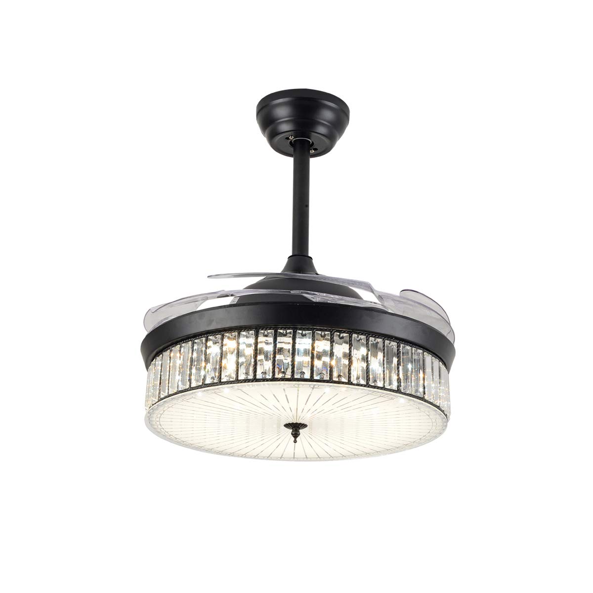OUKANING 42 Inch Black Crystal Ceiling Fan with LED Lights - Remote Control, 3-Speed Retractable Blades, Ultra Quiet for Bedroom & Dining Room | Modern Chandelier Design for Home Cooling and Elegant Lighting