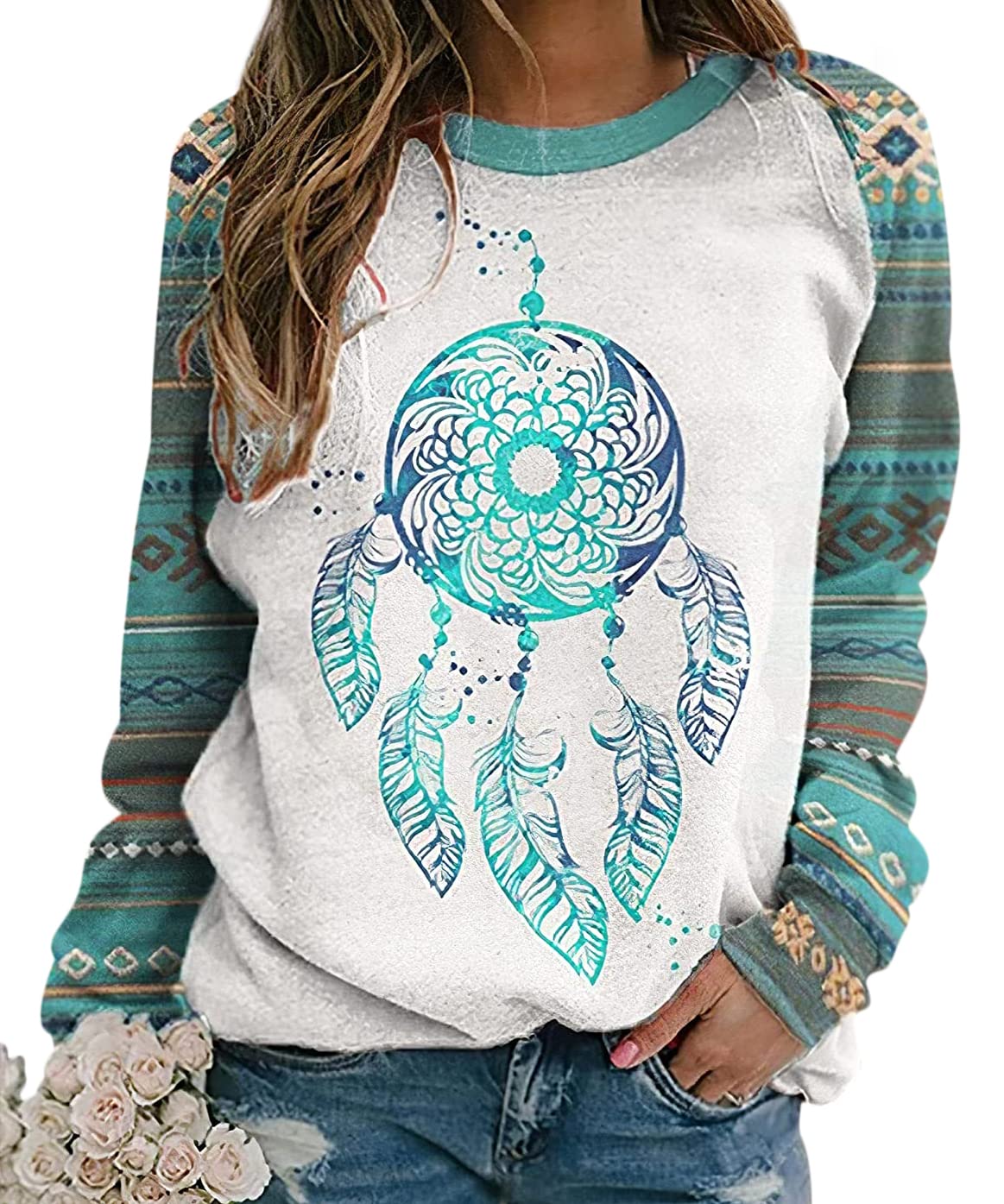 Lafolie Women's Western Aztec Print Crewneck Sweatshirt - Long Sleeve Ethnic Style Casual Top for Women | Perfect for Fall Fashion, Boho Outfits & Western Themed Events