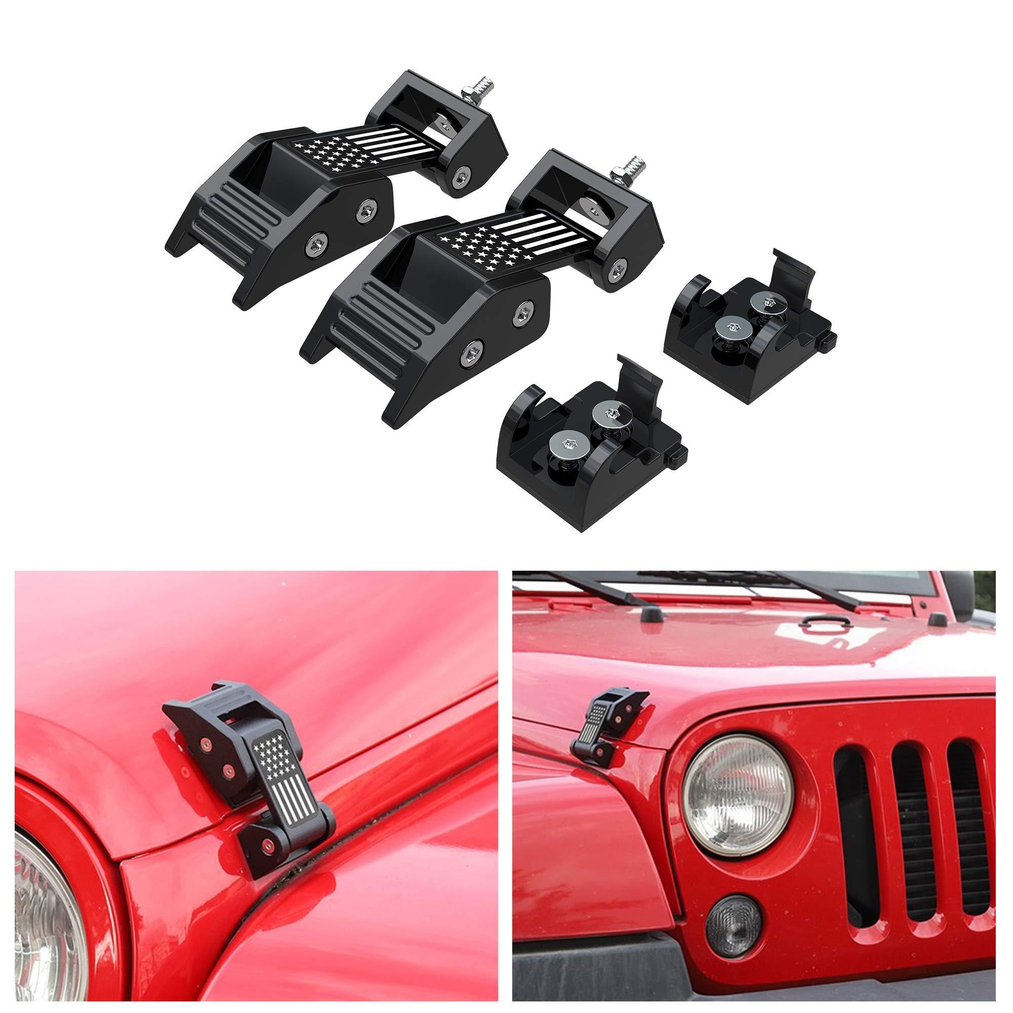 2PCS Black Aluminum Hood Latches with U.S. Flag Design for 2007-2021 Jeep Wrangler JK/JKU/JL/JLU & Gladiator JT - Durable Hood Catch Kit (Perfect for Off-Roading & Jeep Customization)