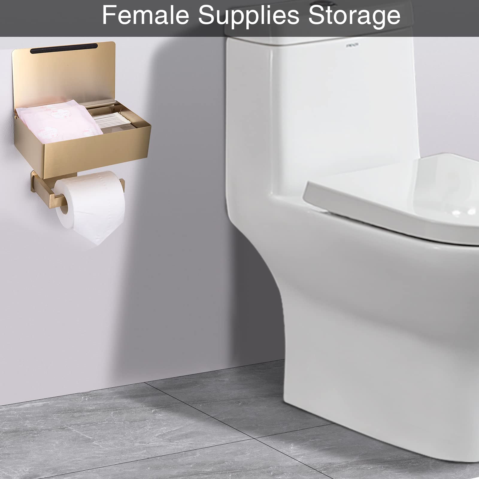 Stainless Steel Wall Mount Toilet Paper Holder with Shelf & Flushable Wipes Dispenser - Gold Square Bathroom Tissue Storage Organizer for Modern Home Decor (Perfect for Small Bathrooms, Powder Rooms & RVs)