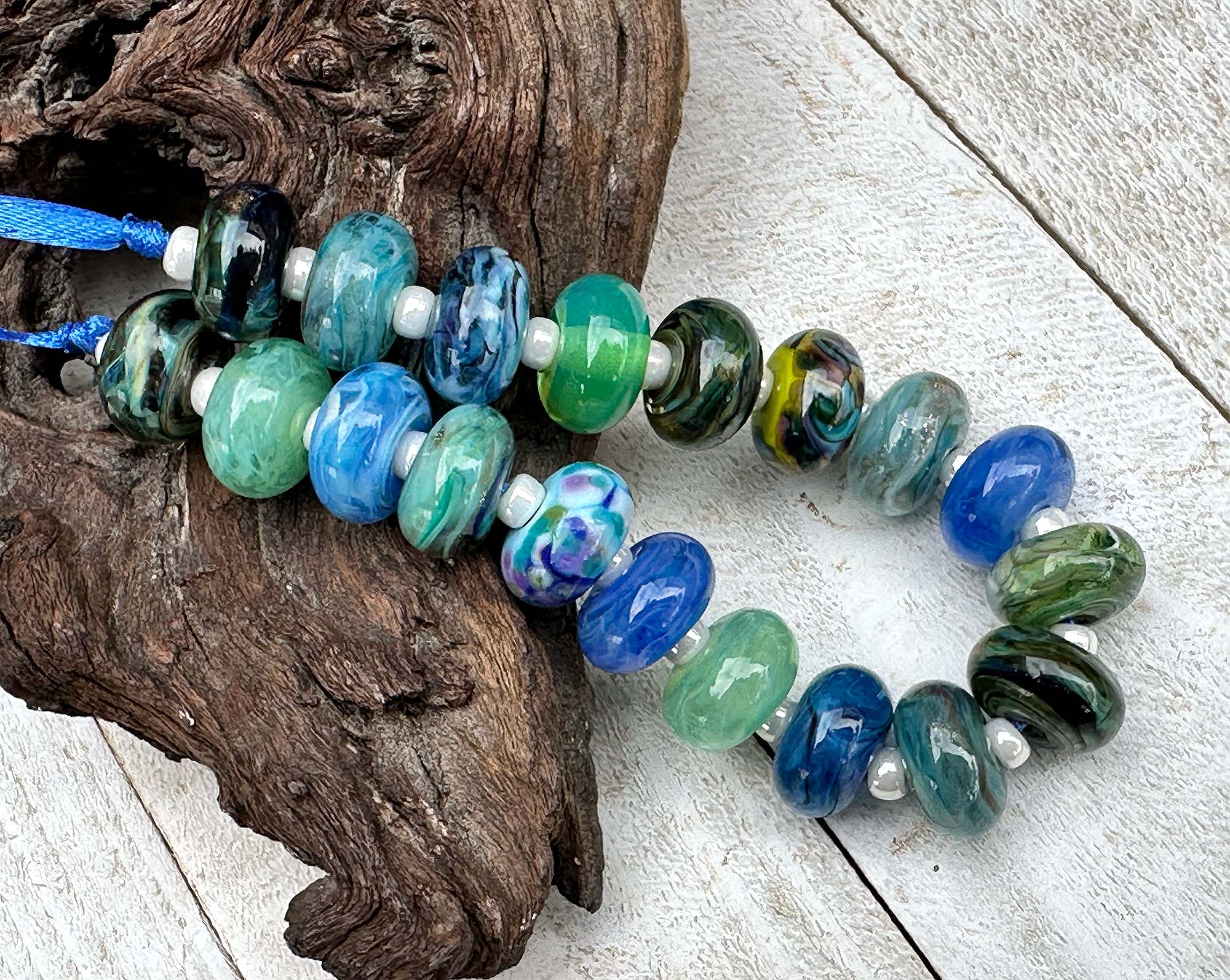 19pcs Blue Green Lampwork Glass Beads Set for Jewelry Making - Handmade SRA Orphan Beads for Necklaces, Bracelets, DIY Crafts & Gifts