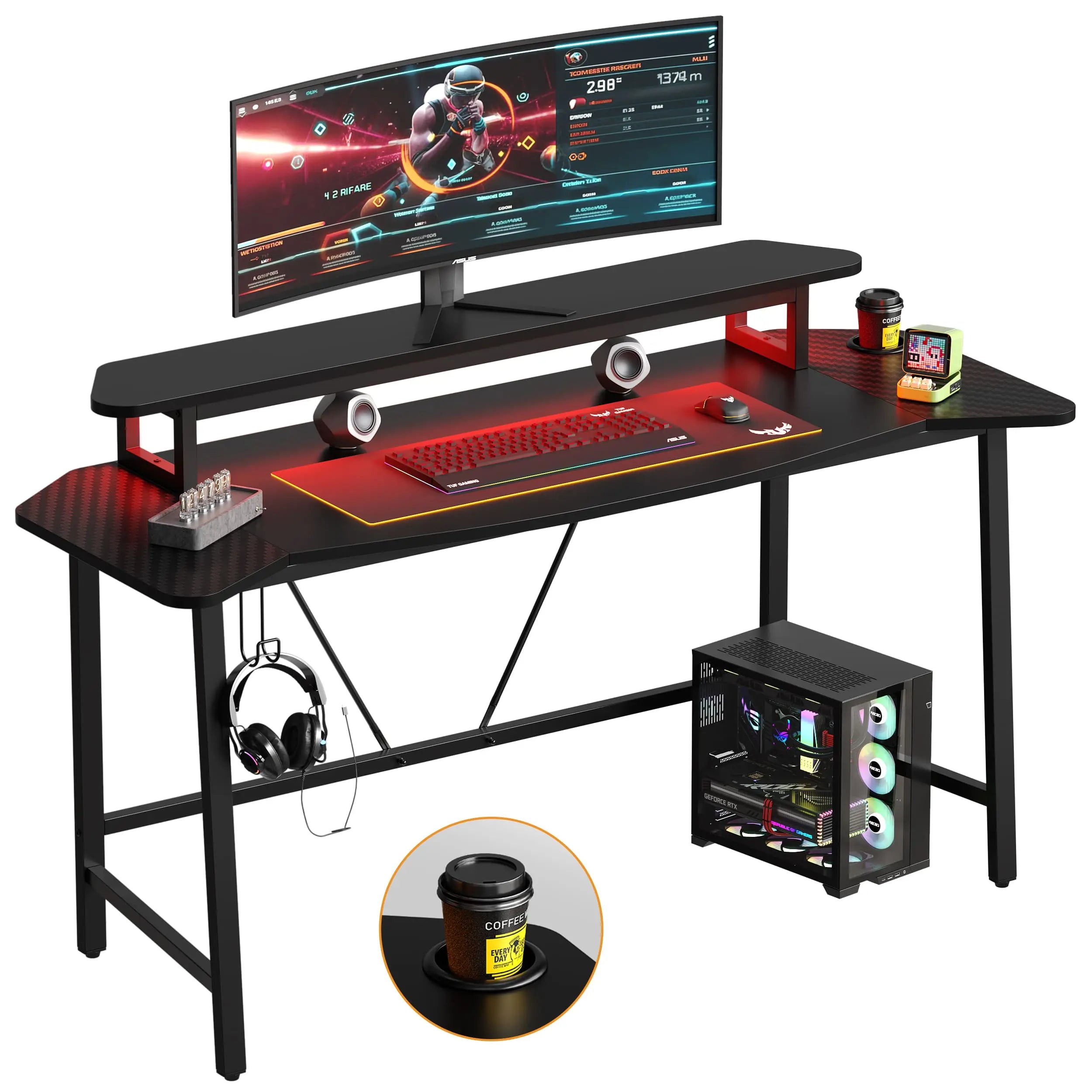 Bestier 63 Inch LED Gaming Desk with Monitor Stand & Headphone Hook - Ergonomic Computer Desk for PC Gaming Setup, Home Office & Streaming Station