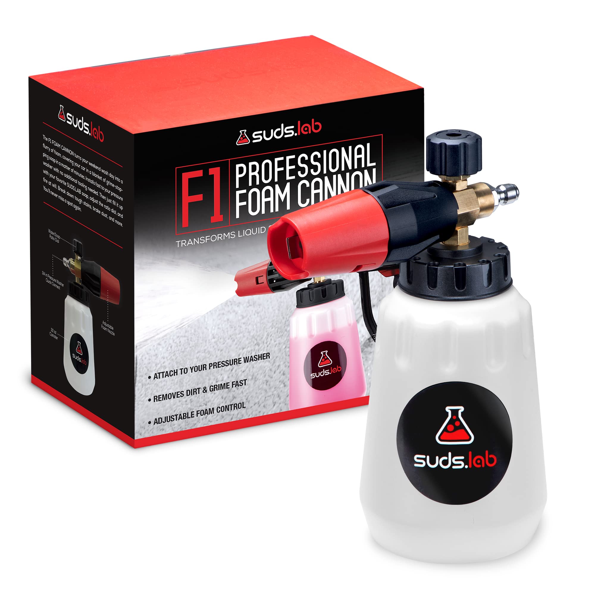 Suds Lab F1 Professional Foam Cannon for Pressure Washer - 32oz Detergent Canister, Adjustable Foam Nozzle, Quick Connect - Perfect for Car Washing, Driveway Cleaning & Outdoor Surface Detailing