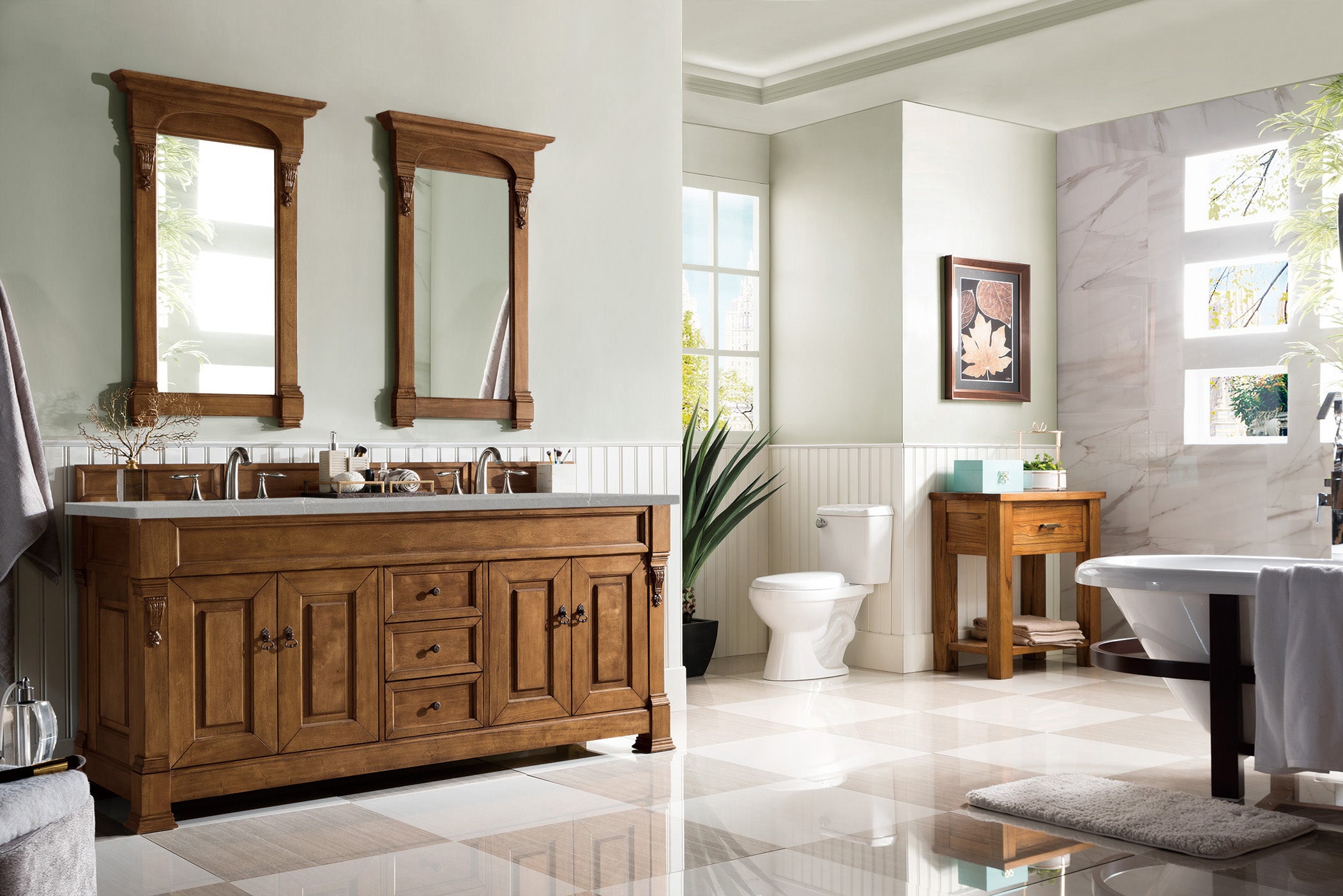 Brookfield 72 Inch Double Bathroom Vanity with Country Oak Finish and 3CM Eternal Serena Quartz Countertop - Perfect for Master Bathroom and Modern Farmhouse Style Homes