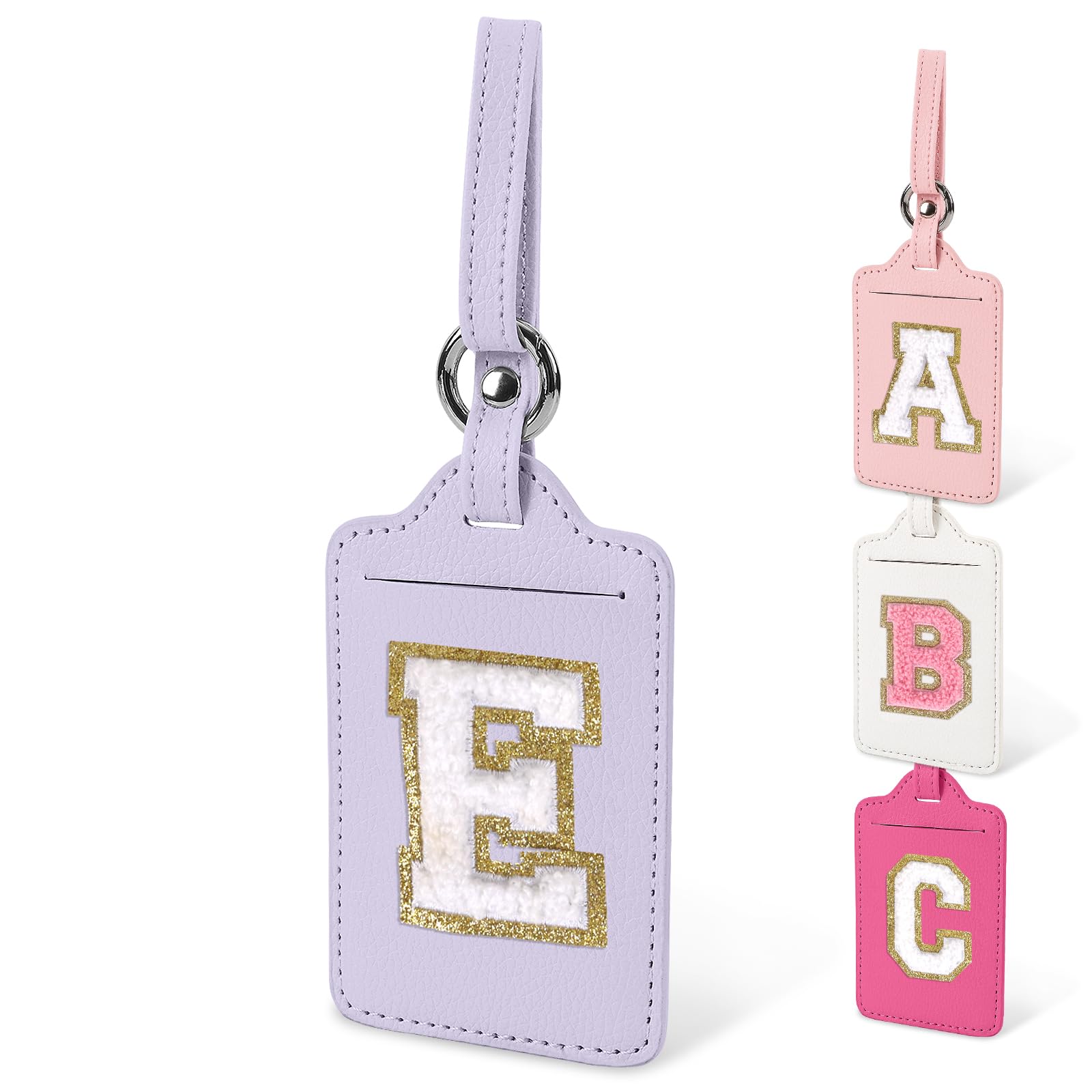 Personalized Initial Luggage Tags for Suitcases - Cute Letter PU Leather Travel Baggage ID Tags for Men, Women & Kids - Perfect for Airports, Cruise Ships & Business Trips (Purple-White E)