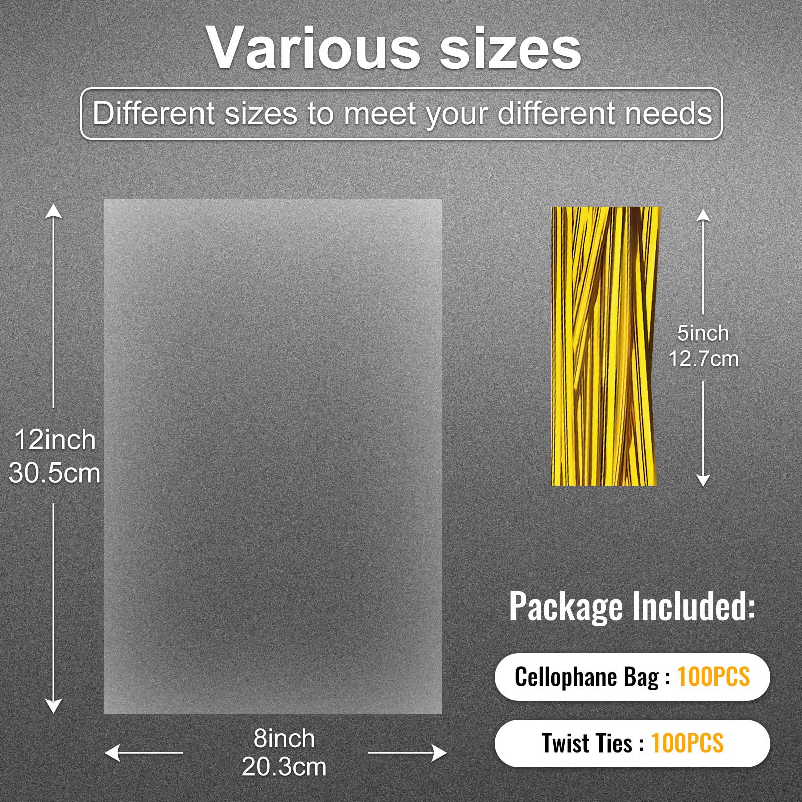 100pcs 8x12 Inch Clear Cellophane Candy Bags with Ties - Treat Bags for Party Favors, Goodie Bags, Cake Pops, Gift Baskets, Bakery Cookies & Apple Gifts - Perfect for Birthday Parties, Baby Showers & Holiday Gift Wrapping