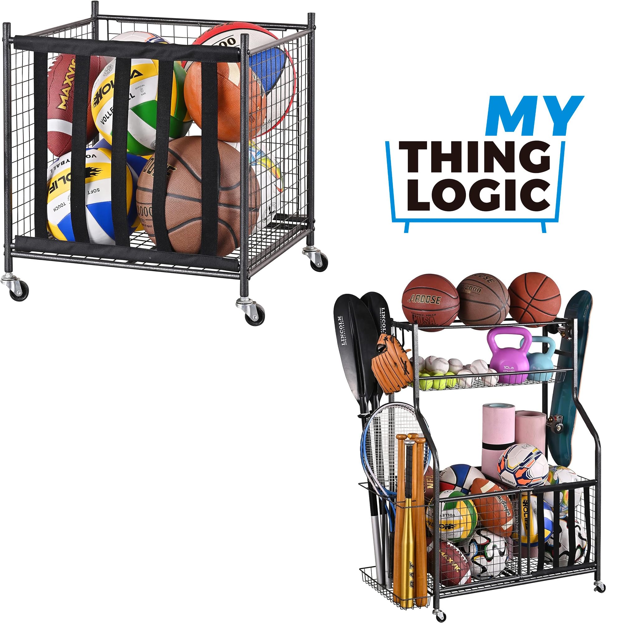 Mythinglogic Rolling Sports Ball Storage Cart - Lockable Ball Organizer with Elastic Straps, Baskets & Hooks | Garage Storage System for Basketballs, Soccer Balls & Sports Equipment | Perfect for Home Gym, Playroom & Sports Facility Organization