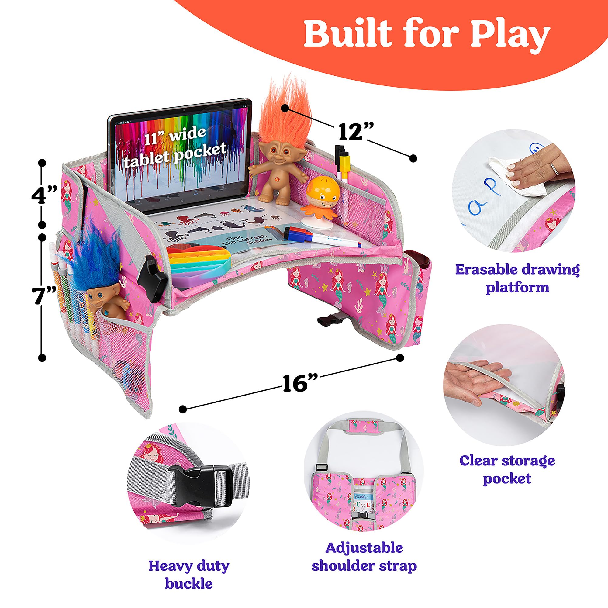 **PILLANI Kids Travel Tray for Car - Portable Car Seat Tray for Toddlers & Children, Road Trip Essentials with Storage, Airplane Lap Desk Organizer - Perfect for Snacks, Toys & Activities on Long Trips**