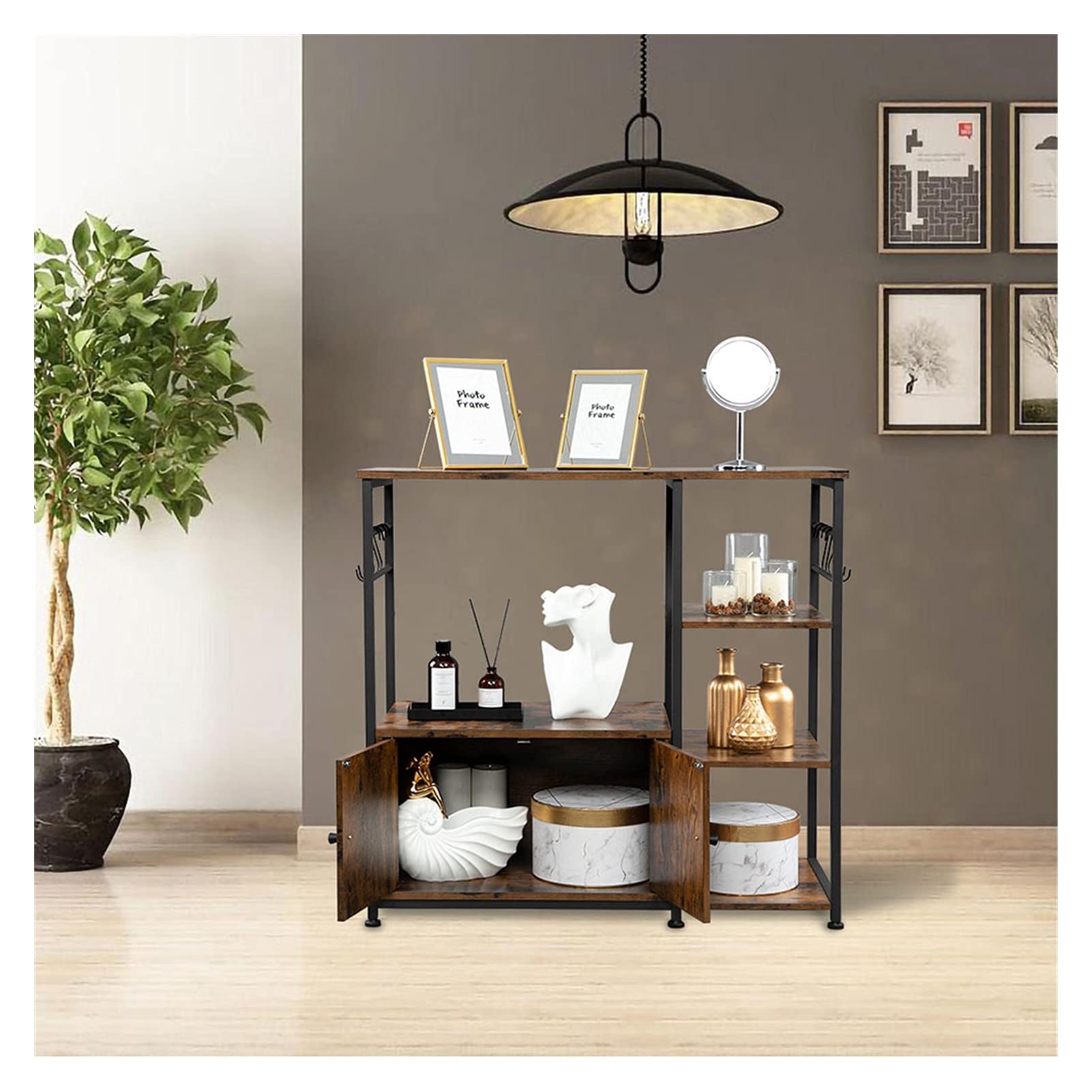 4-Tier Microwave Storage Rack with Cabinet & 8 Hooks - Space-Saving Kitchen Organizer for Baking Supplies & Utensils - Perfect for Small Kitchens, Apartments & Dorm Rooms