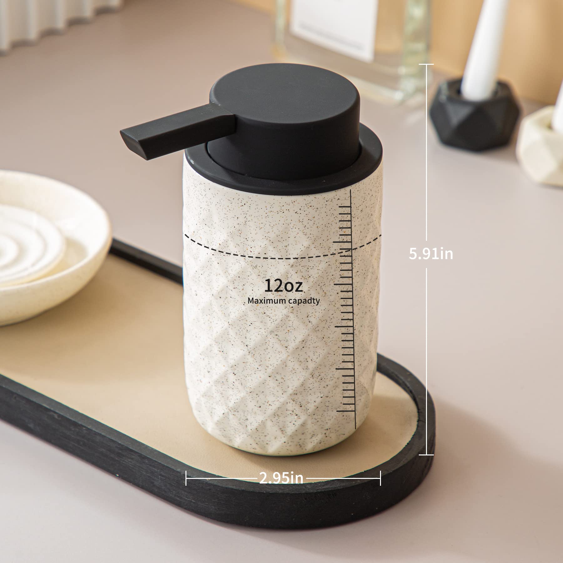 12oz Ceramic Hand Soap Dispenser - Decorative Rhombus Pump Bottle for Kitchen & Bathroom | Off-White | Perfect for Liquid Soap, Lotion & Dish Soap Storage | Elegant Countertop Organizer for Home, Office & Spa