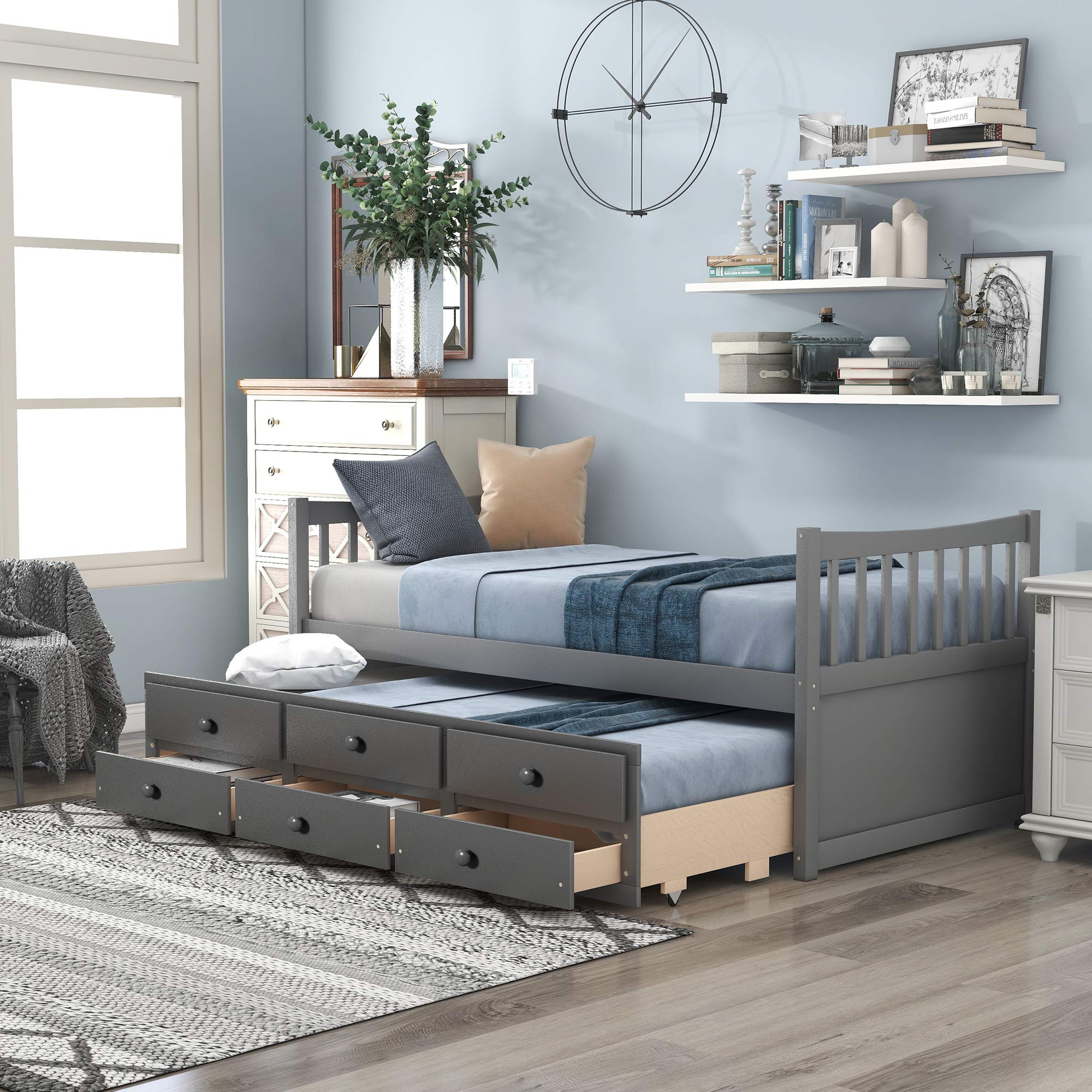 LZ LEISURE ZONE Twin Size Captain's Bed with Trundle and 3 Storage Drawers - Space-Saving Daybed for Small Rooms, Guest Bed or Kids Bedroom (Grey)
