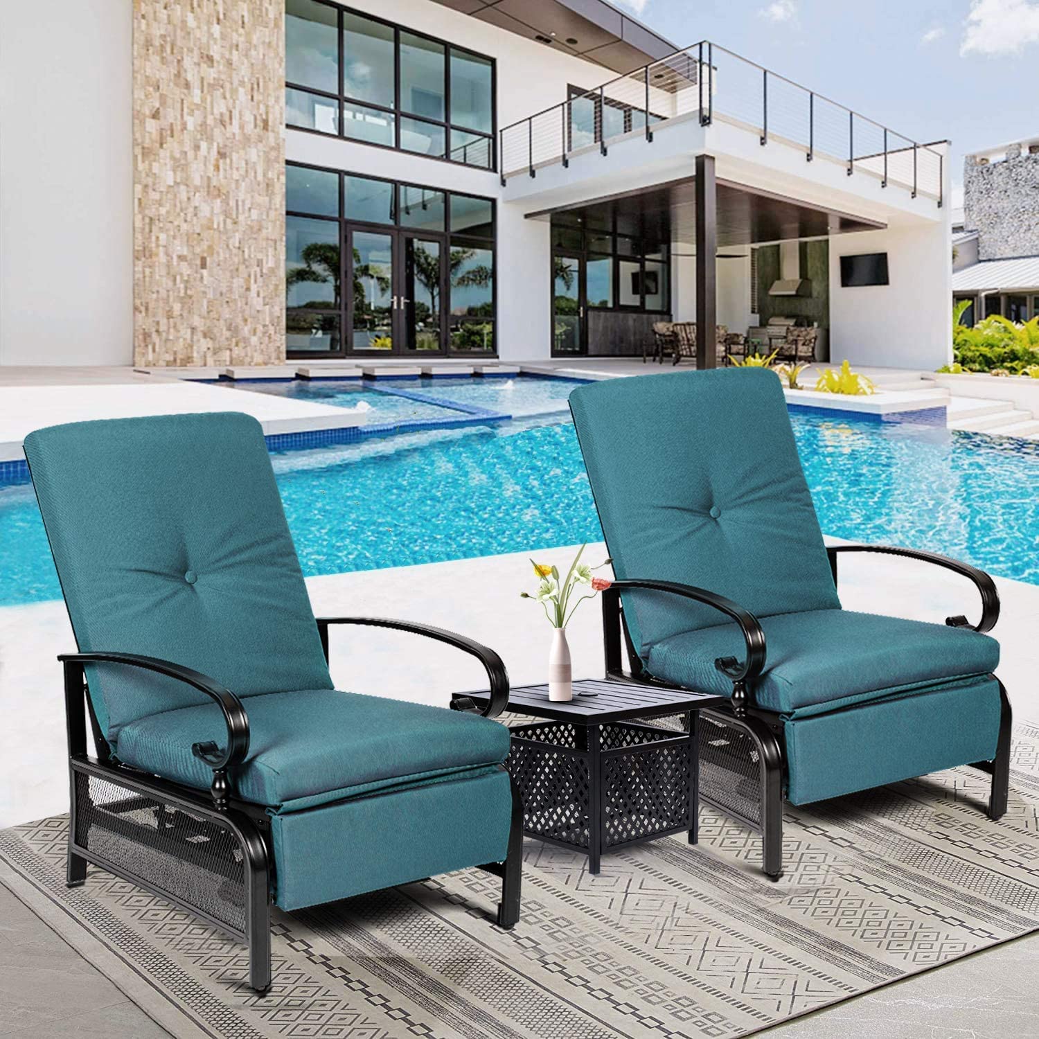 Crownland 3-Piece Outdoor Lounge Chair Set with Adjustable Reclining Patio Chairs & Umbrella Bistro Table - Durable Metal Furniture for 2 - Perfect for Backyard, Poolside, and Garden Relaxation