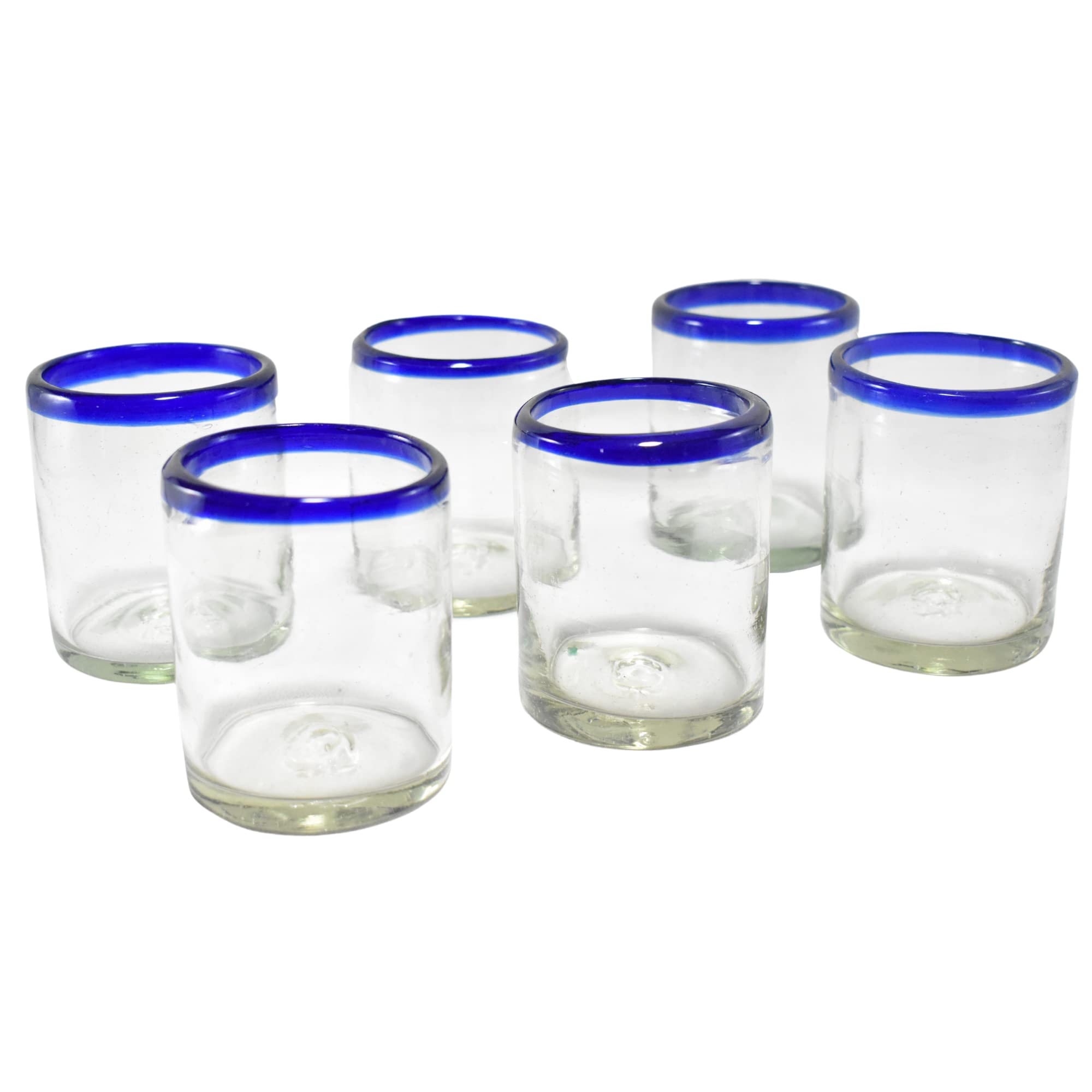 Handmade Mexican Blown Glass Water Tumblers with Cobalt Blue Rim - 6-Piece Set with Pitcher for Iced Tea, Lemonade & Summer Beverages