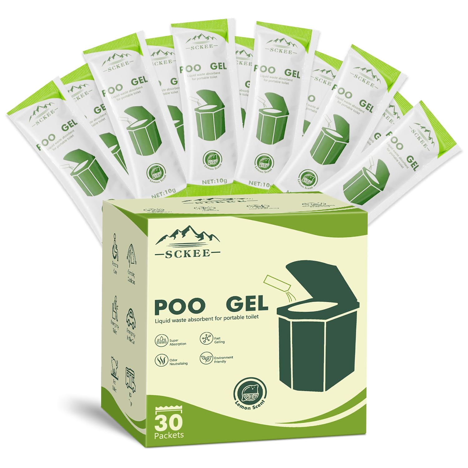 **Sckee 30 Packets Poo Gel for Portable Toilet | Biodegradable Waste Treatment Powder for Hiking, Camping, RV, Boating & Travel | Indoor & Outdoor Use – Ideal for Road Trips, Trucks & Emergency Kits**