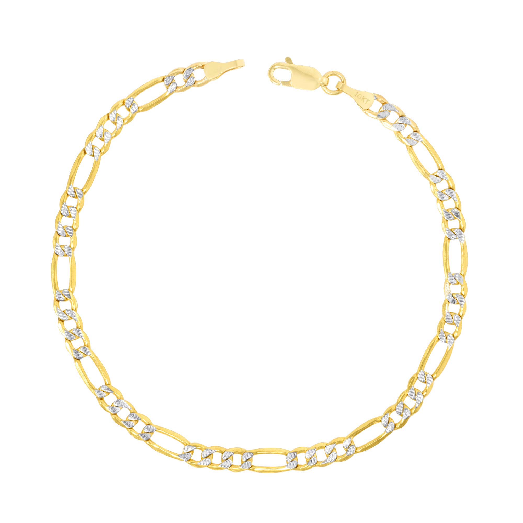 10k Real Yellow Gold Figaro Link Chain Bracelet - 4.5mm Diamond Cut Pave Design (7