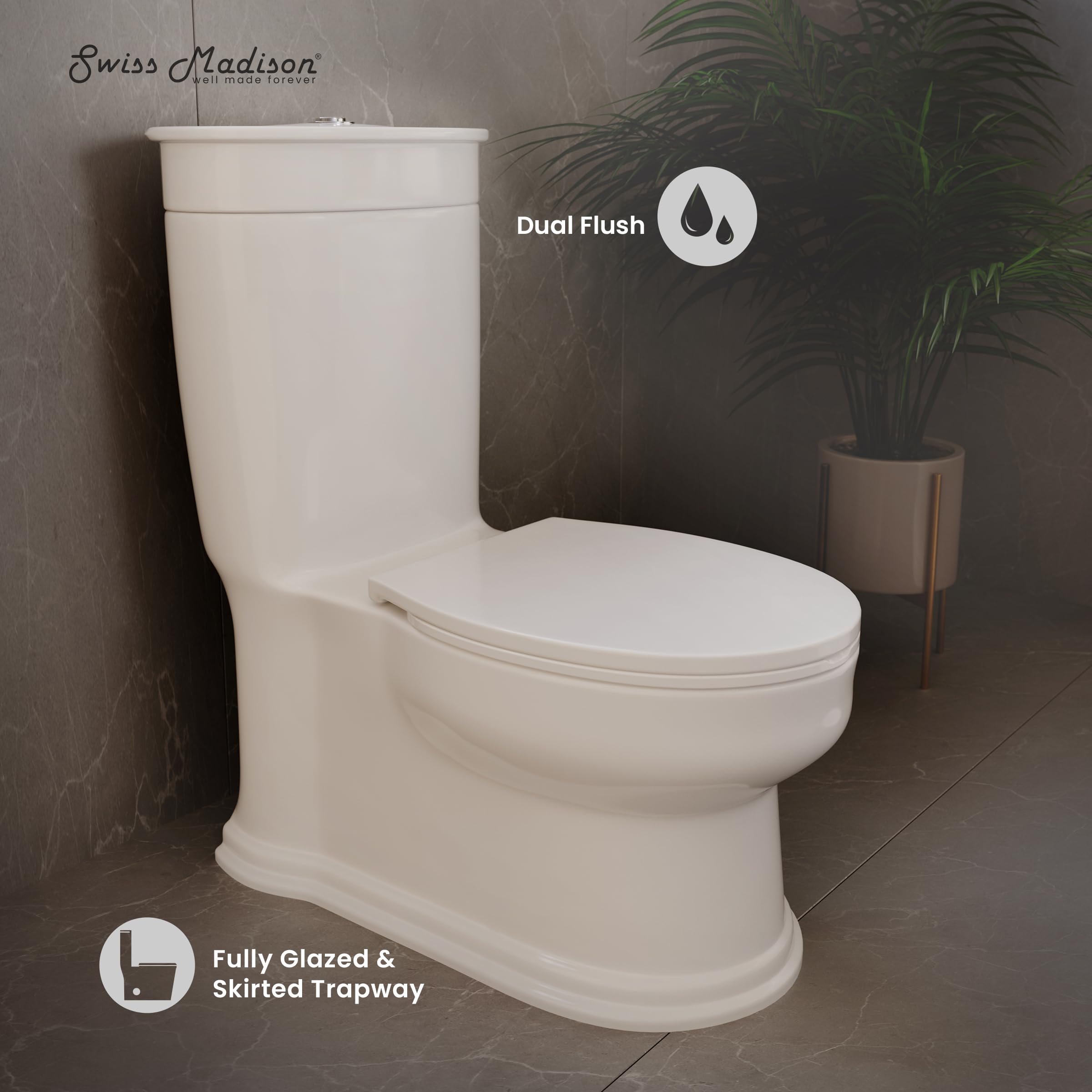 Santorini Elongated One-Piece Toilet with Dual Flush 1.1/1.6 GPF - Water Efficient White Bathroom Toilet for Modern Homes & Commercial Spaces