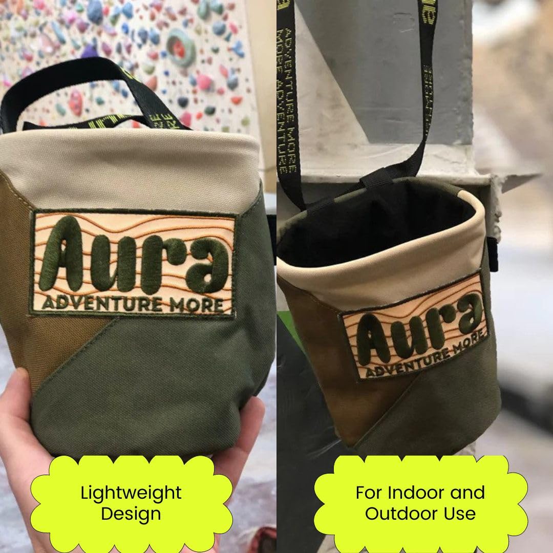 **Aura Premium Rock Climbing Chalk Bag - Adjustable Belt & Drawstring Closure - Ideal for Bouldering, Gym Weightlifting & Outdoor Adventures**    *(Use Case: Perfect for climbers, boulderers, and fitness enthusiasts to keep hands dry and improve grip during workouts or outdoor adventures.)*