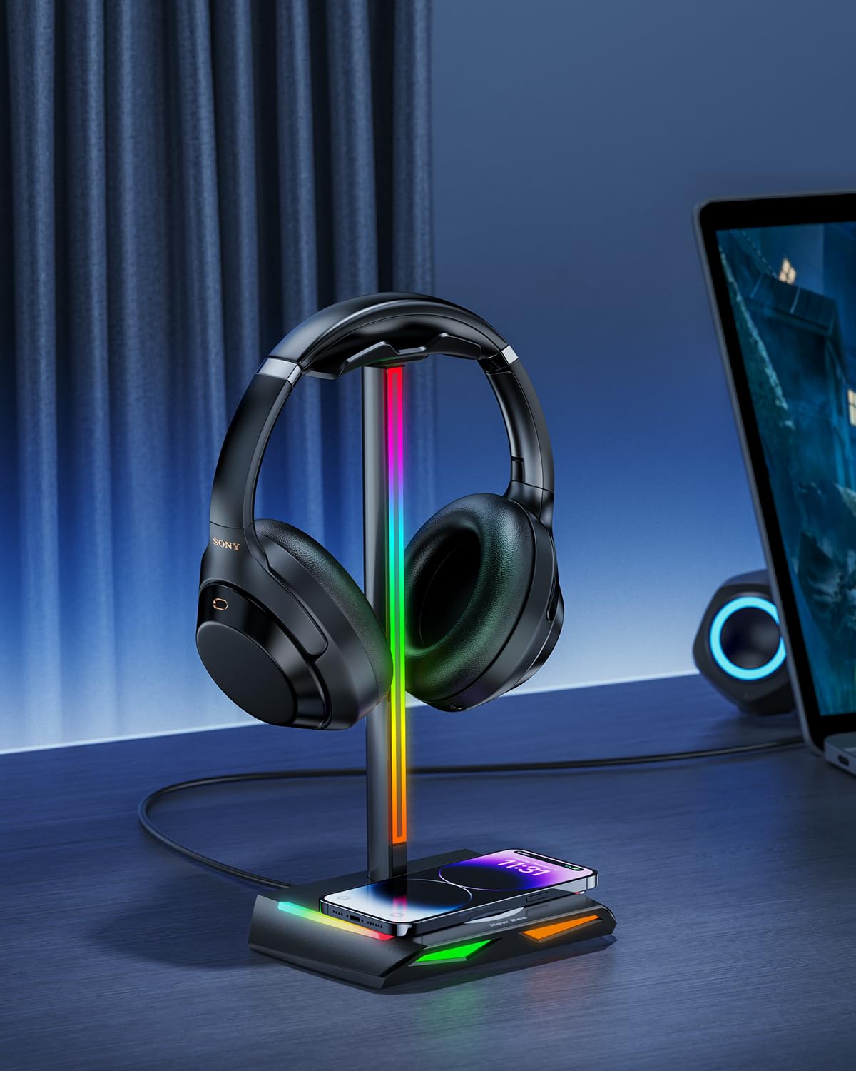 Premium RGB Gaming Headphone Stand with 2 USB-C & 1 USB Ports - 7 Color LED Light Modes, Non-Slip Rubber Base - Perfect for Gaming Setup, Home Office & Streaming Station Accessories