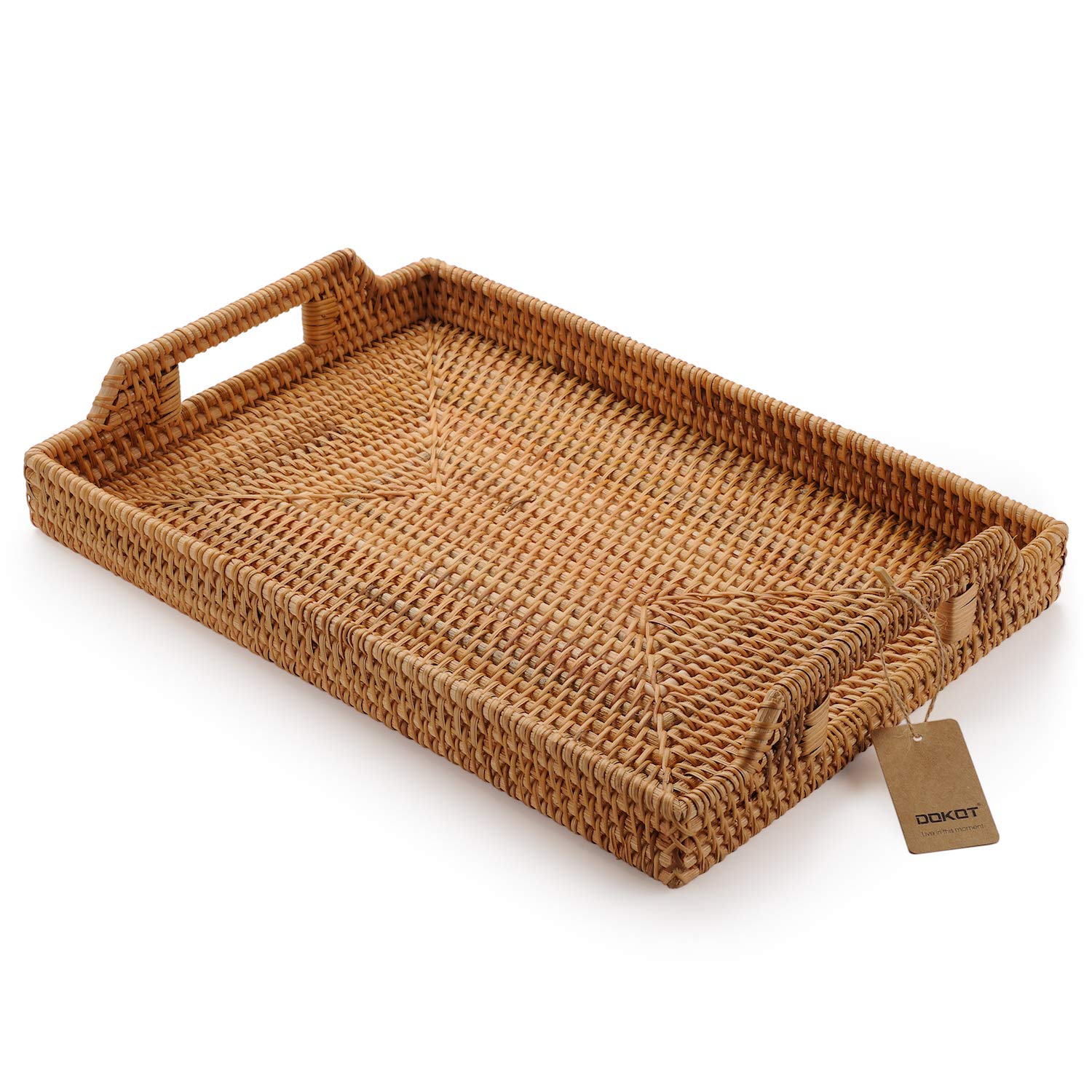 Hand-Woven Rattan Rectangular Serving Tray with Handles - 17x11.4x1.8 Inches - Perfect for Breakfast in Bed, Coffee Table Snacks, and Cocktail Serving - Natural Woven Basket for Home Decor & Entertaining