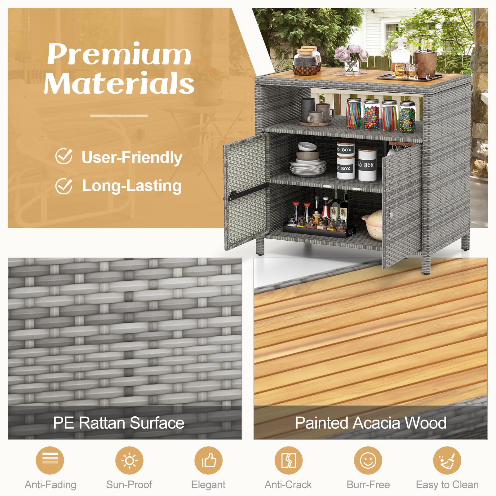 Tangkula Rattan Storage Cabinet with Acacia Wood Countertop - 2-Door Wicker Sideboard for Outdoor Patio, Poolside & Garden - Mix Grey Storage Organizer with Open & Enclosed Compartments