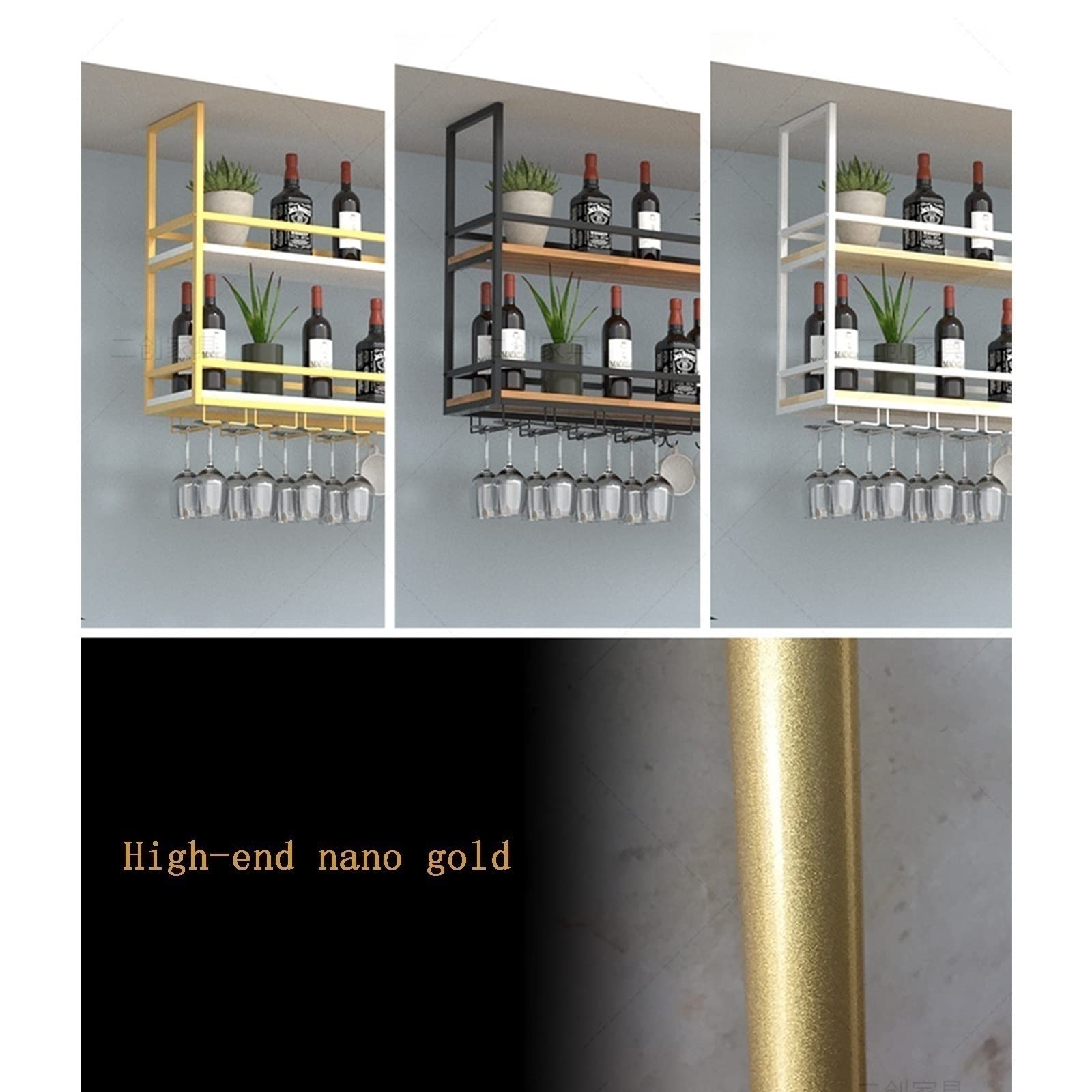 **Hanging Floating Shelf - Wall Mounted Double Wine Rack with Guardrail, Solid Wood & Wrought Iron Display Stand for Kitchen, Living Room, Bar - Perfect for Wine Glasses, Plants & Home Decor**