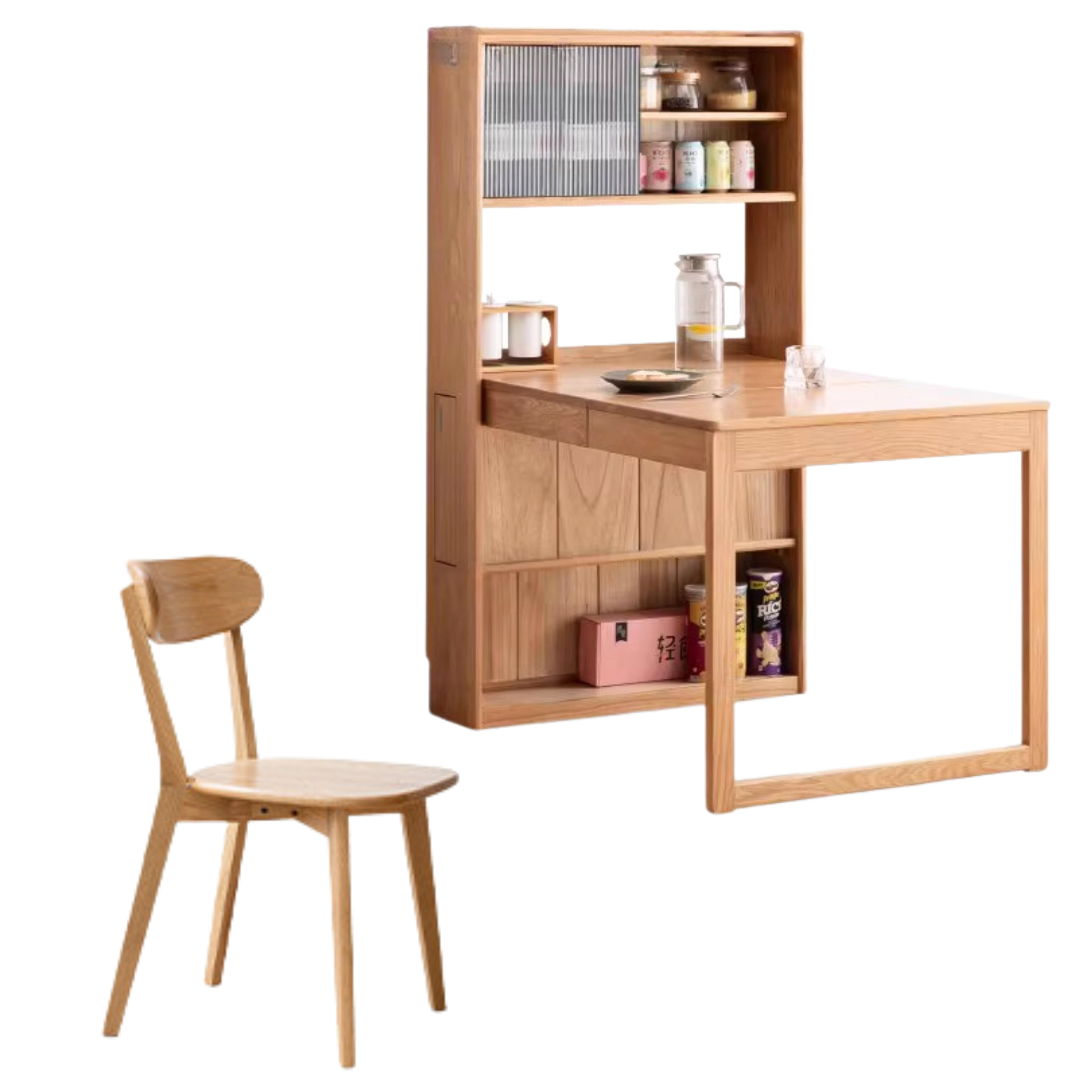 Solid Oak Wood Extendable Dining Table with Sideboard - Expandable for Large Gatherings, Perfect for Dining Room & Entertaining