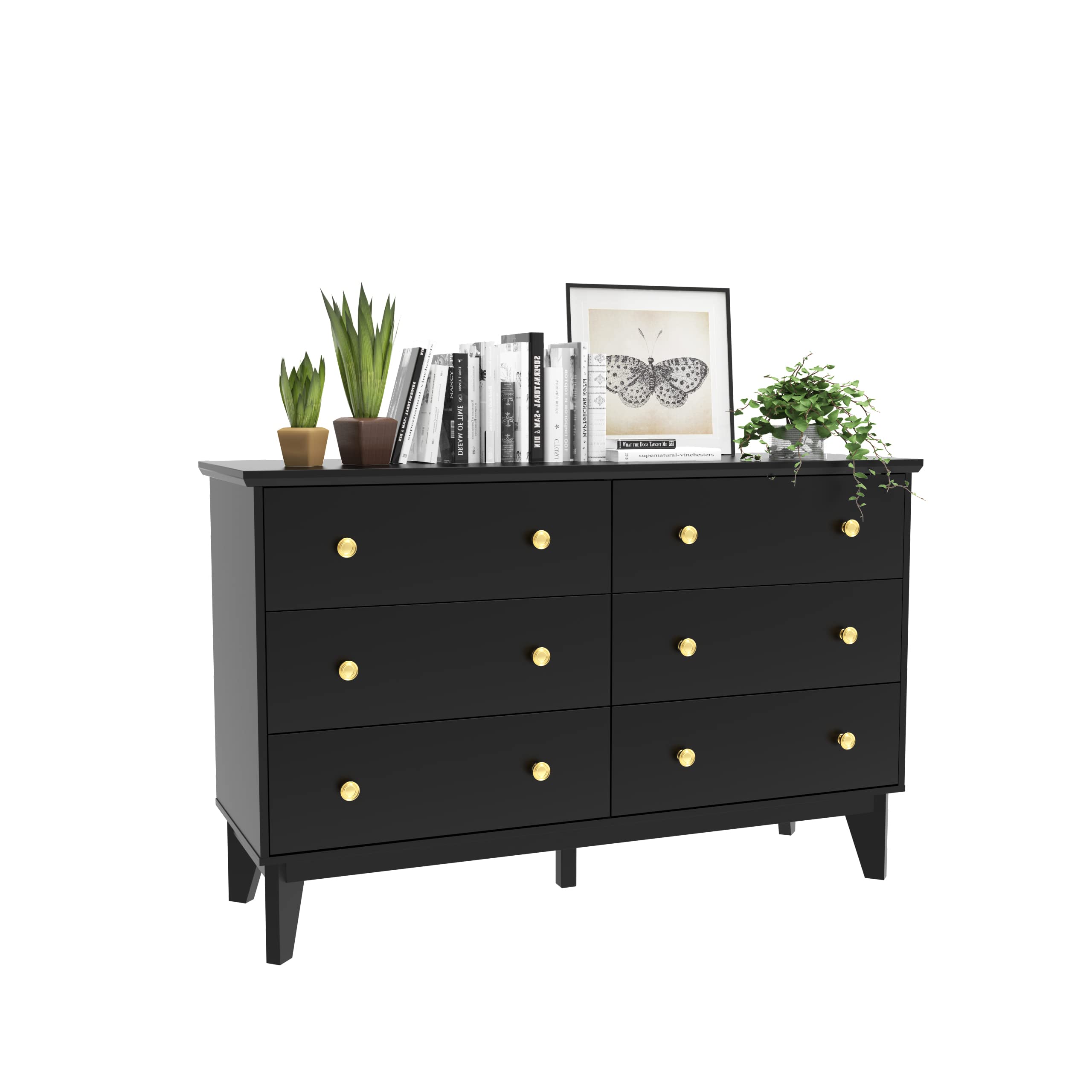 JOZZBY 6-Drawer Black Dresser with Metal Handles - Modern Wooden Storage Chest for Bedroom, Living Room, Hallway & Entryway - 47.25