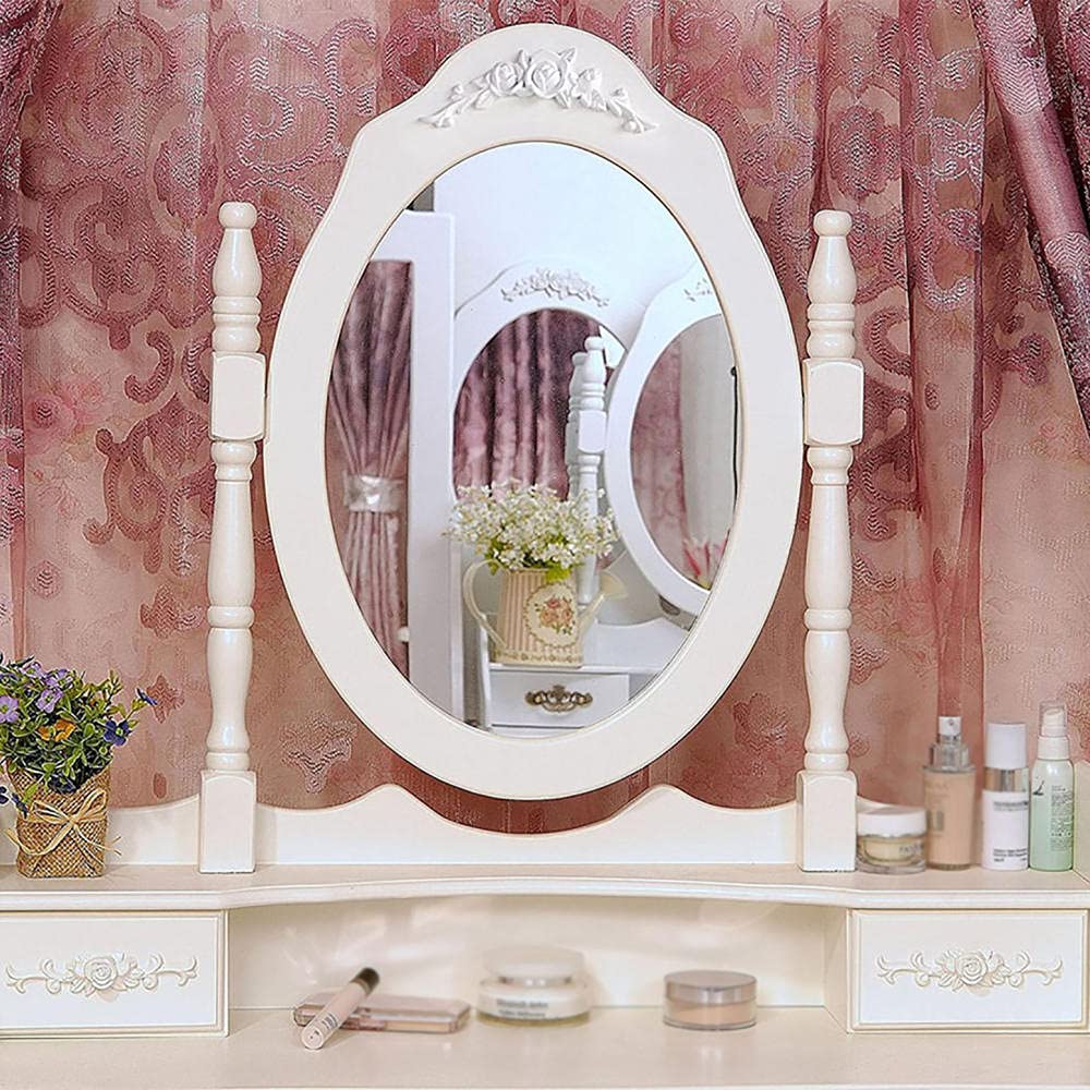 Modern White Vanity Desk Set with Swivel Mirror & 4 Drawers - 3-Piece Makeup Storage Organizer, Cushioned Stool & Computer Desk for Bedroom | Perfect for Beauty Routine, Dressing Area & Home Office Workspace